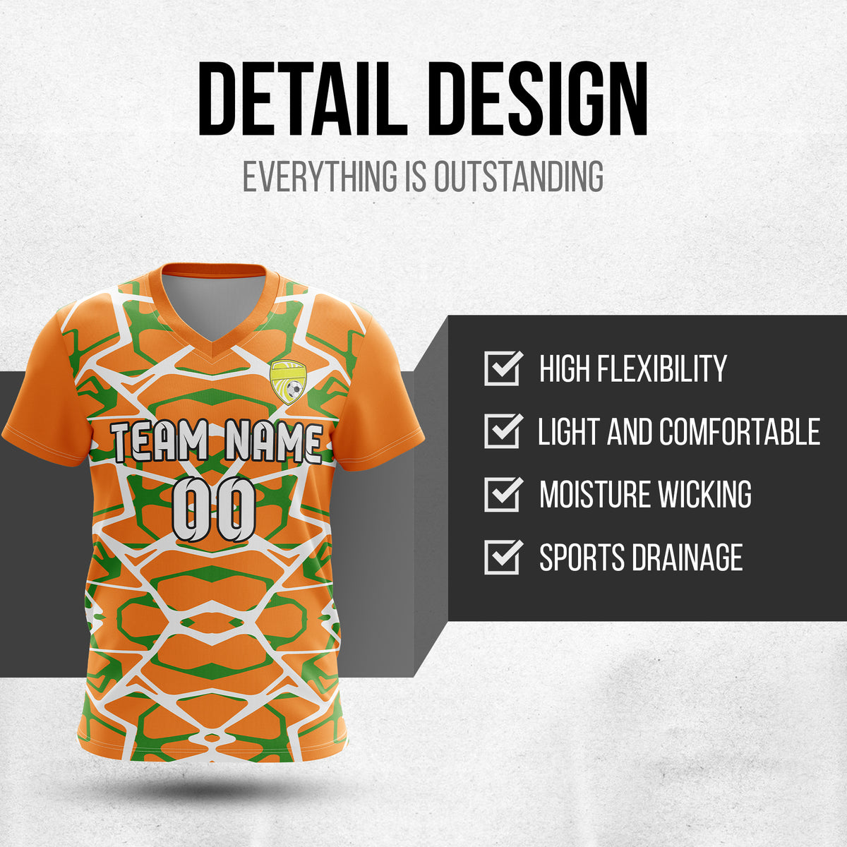Soccer Jersey - V Neck - Full Pattern- Design 5 - Orange