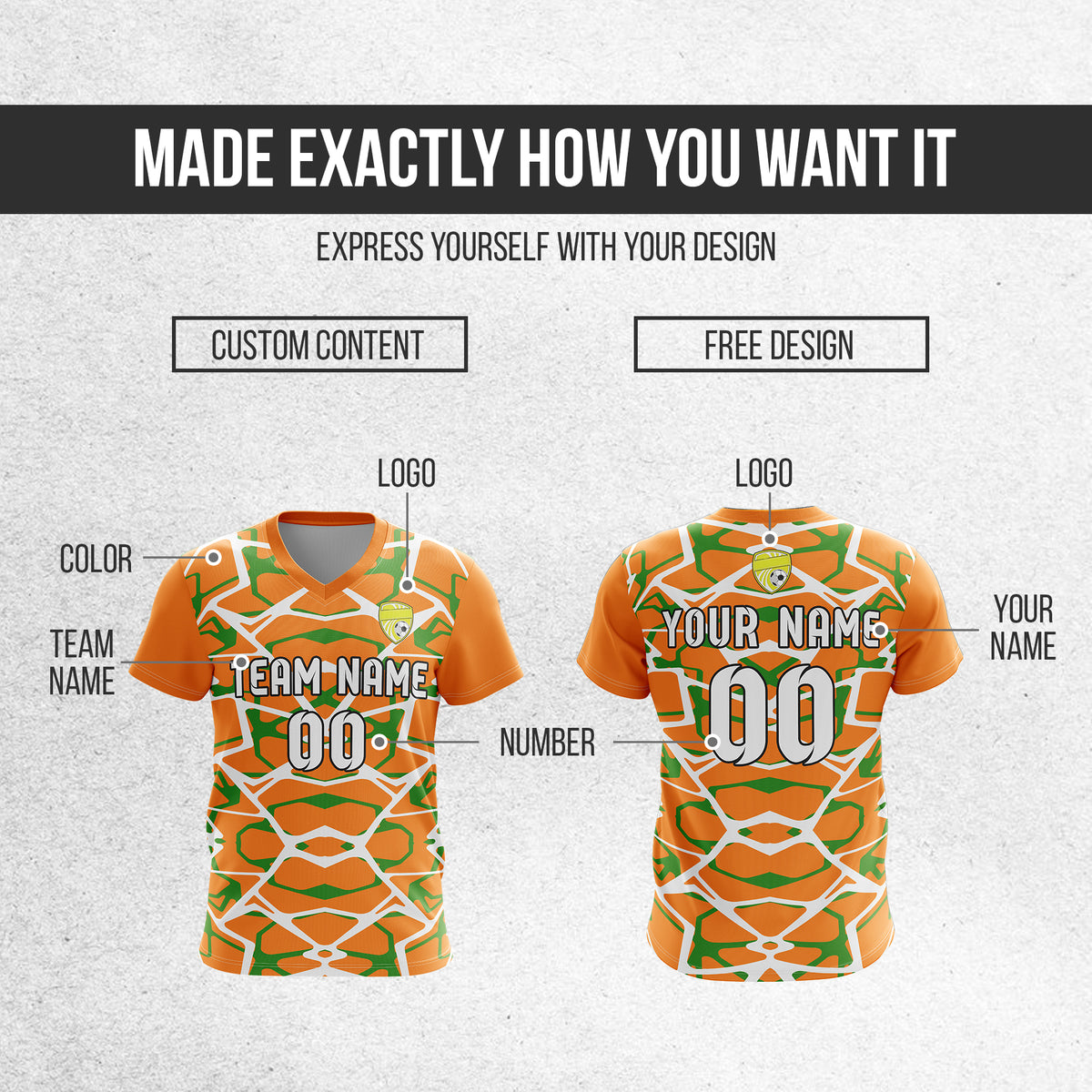 Soccer Jersey - V Neck - Full Pattern- Design 5 - Orange