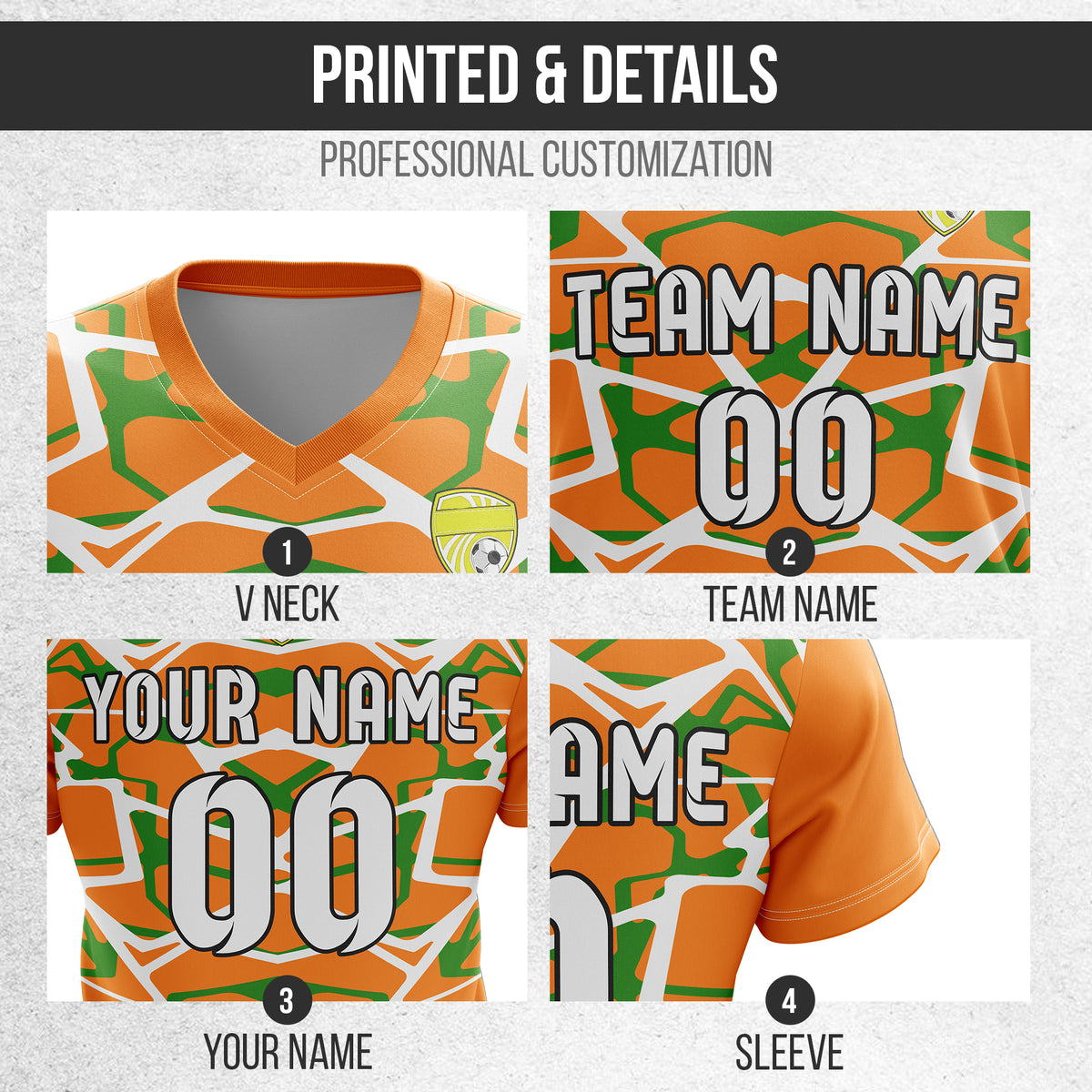 Soccer Jersey - V Neck - Full Pattern- Design 5 - Orange