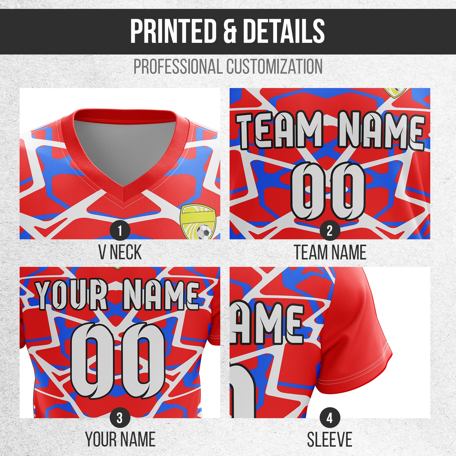 Soccer Jersey - V Neck - Full Pattern- Design 5 - Red