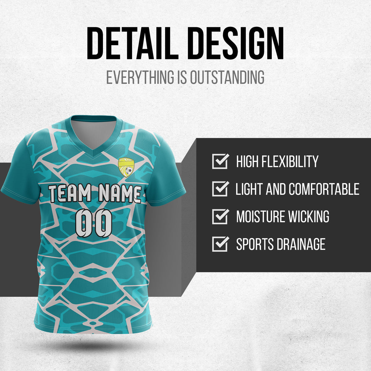 Soccer Jersey - V Neck - Full Pattern- Design 5 - Teal