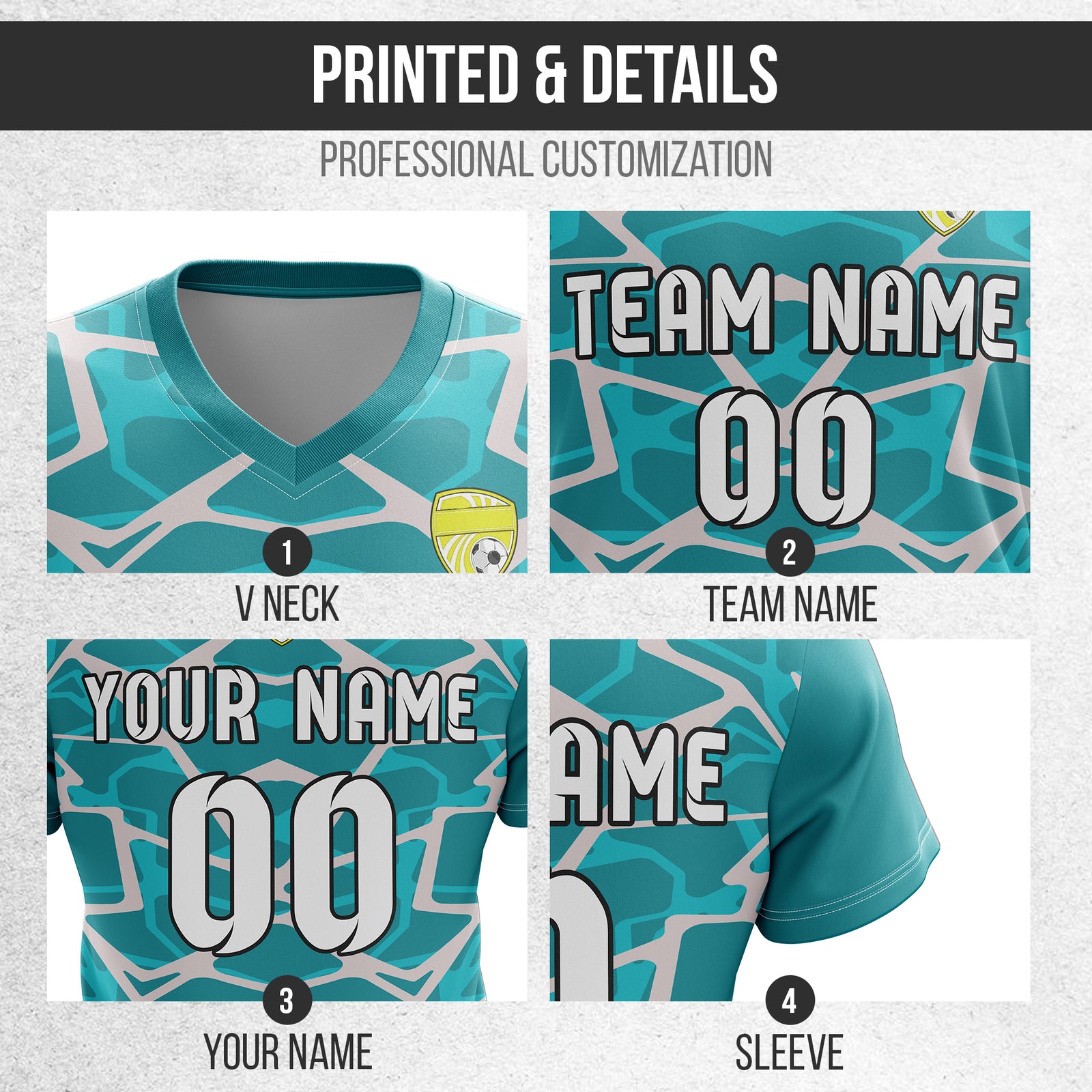 Soccer Jersey - V Neck - Full Pattern- Design 5 - Teal