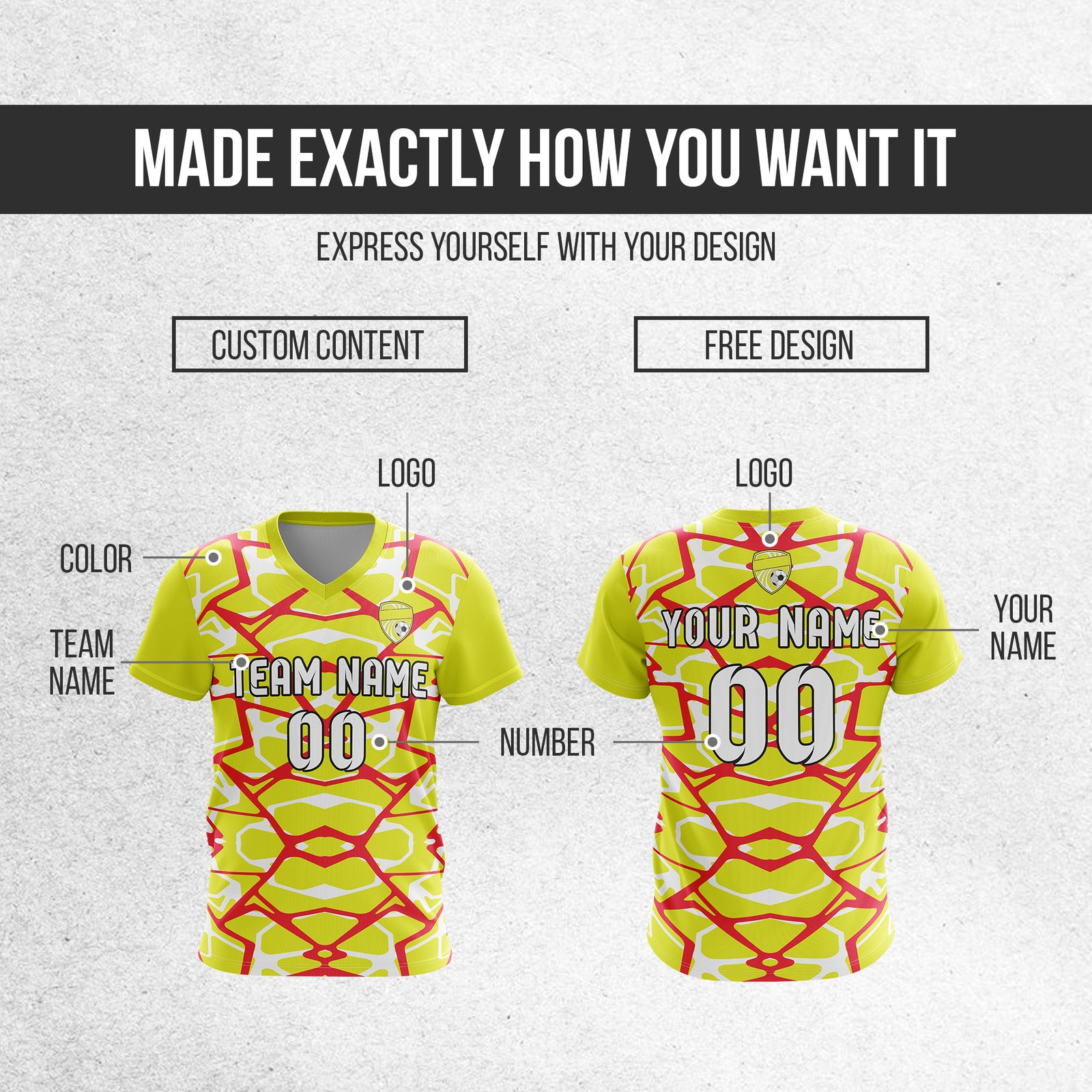 Soccer Jersey - V Neck - Full Pattern- Design 5 - Yellow