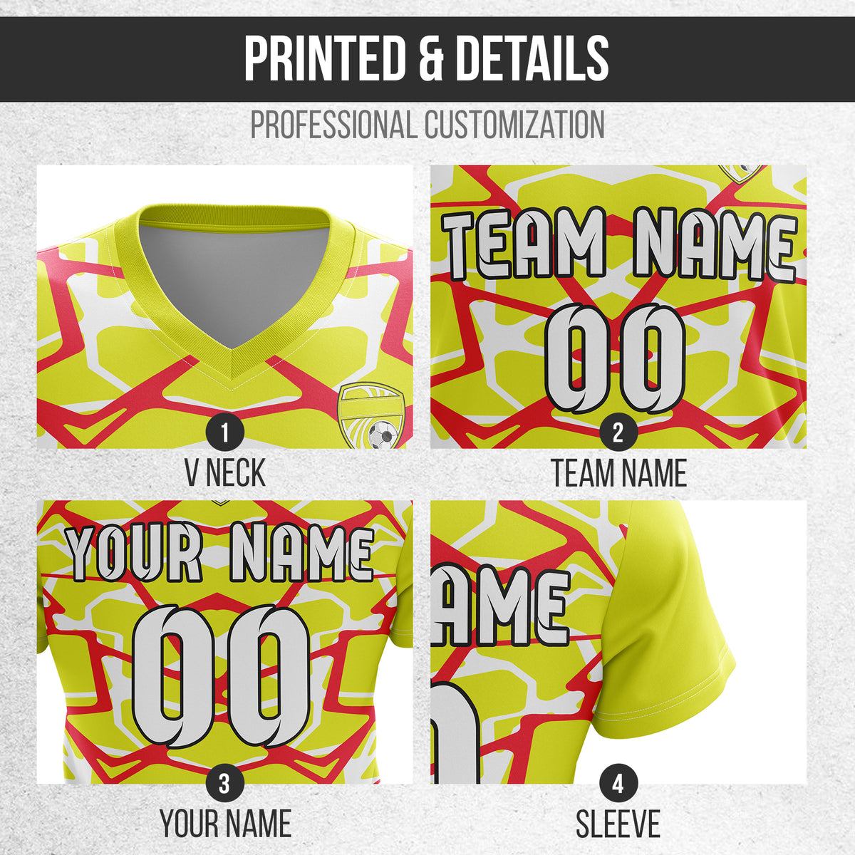 Soccer Jersey - V Neck - Full Pattern- Design 5 - Yellow