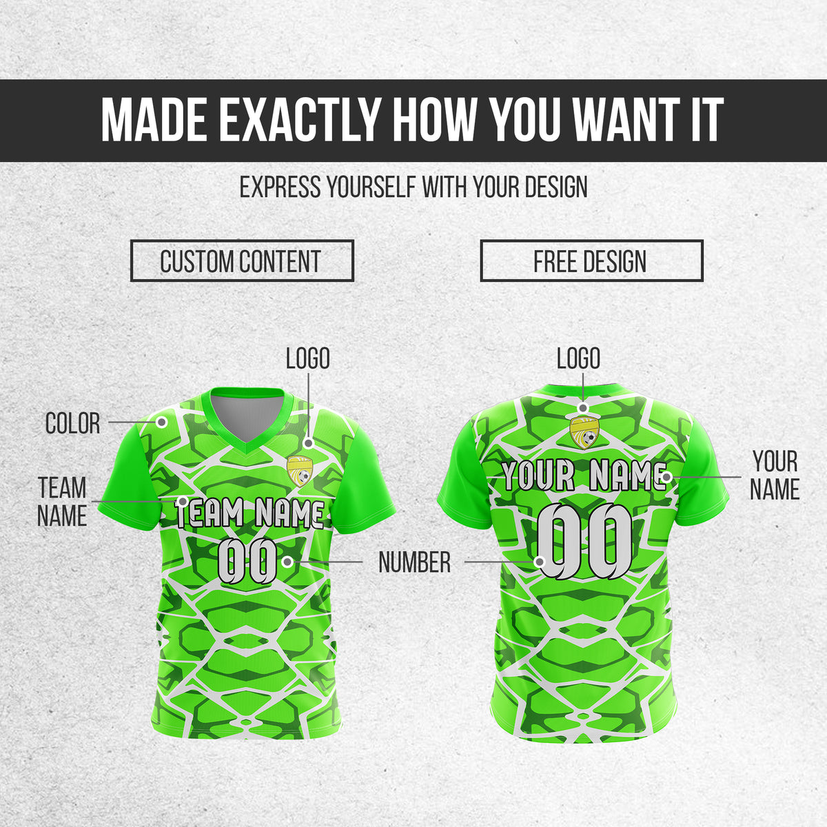 Soccer Jersey - V Neck - Full Pattern- Design 5 - neon Green