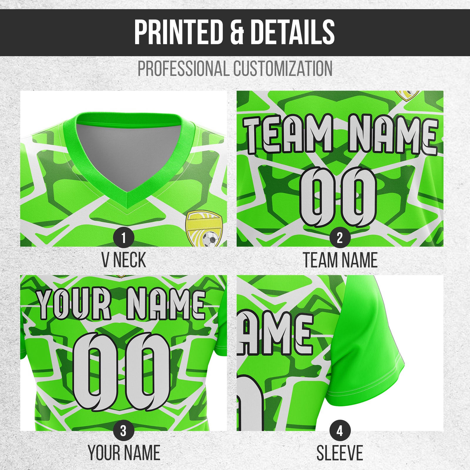 Soccer Jersey - V Neck - Full Pattern- Design 5 - neon Green