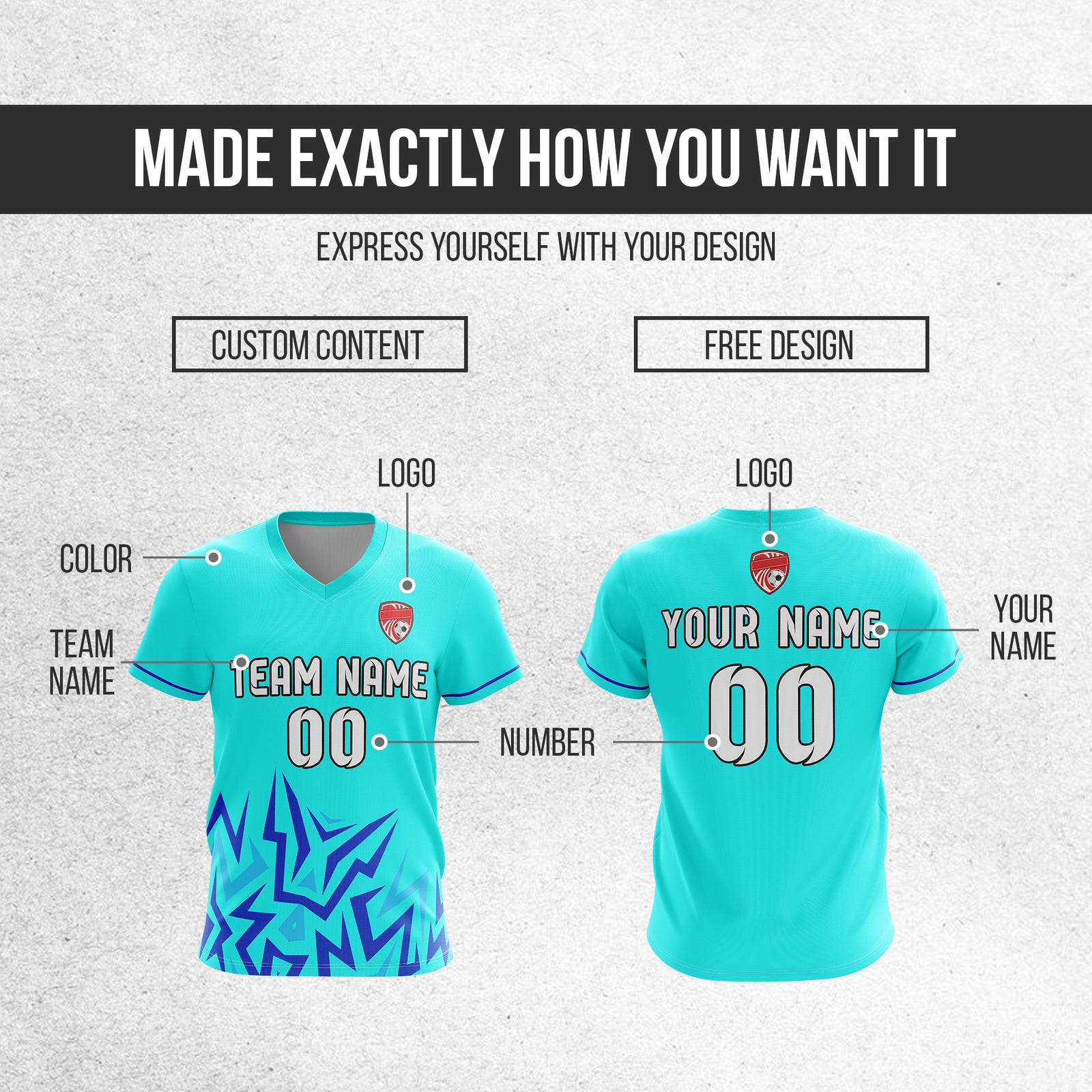 Soccer Jersey - V Neck - Side Pattern- Design 1 - Aqua