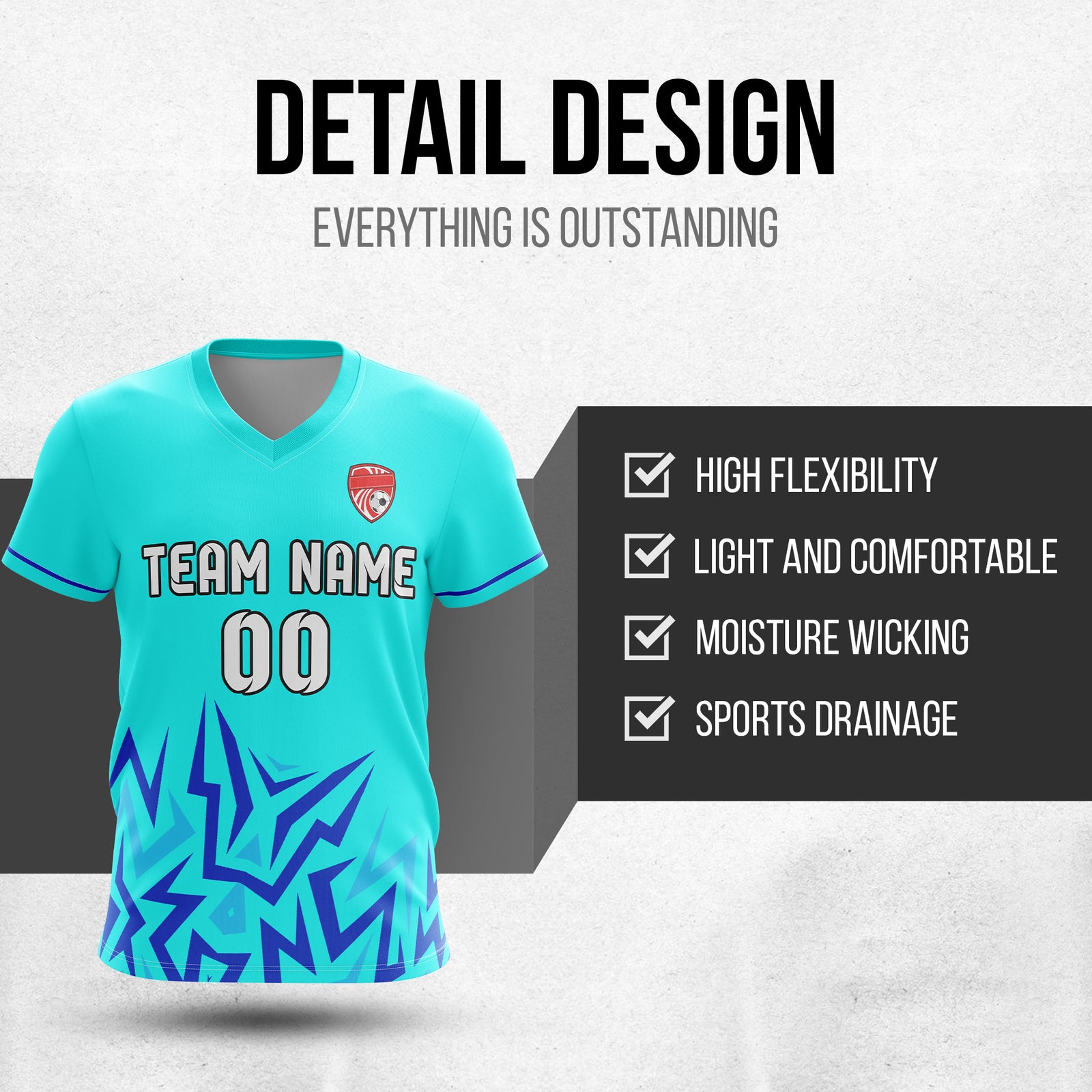 Soccer Jersey - V Neck - Side Pattern- Design 1 - Aqua