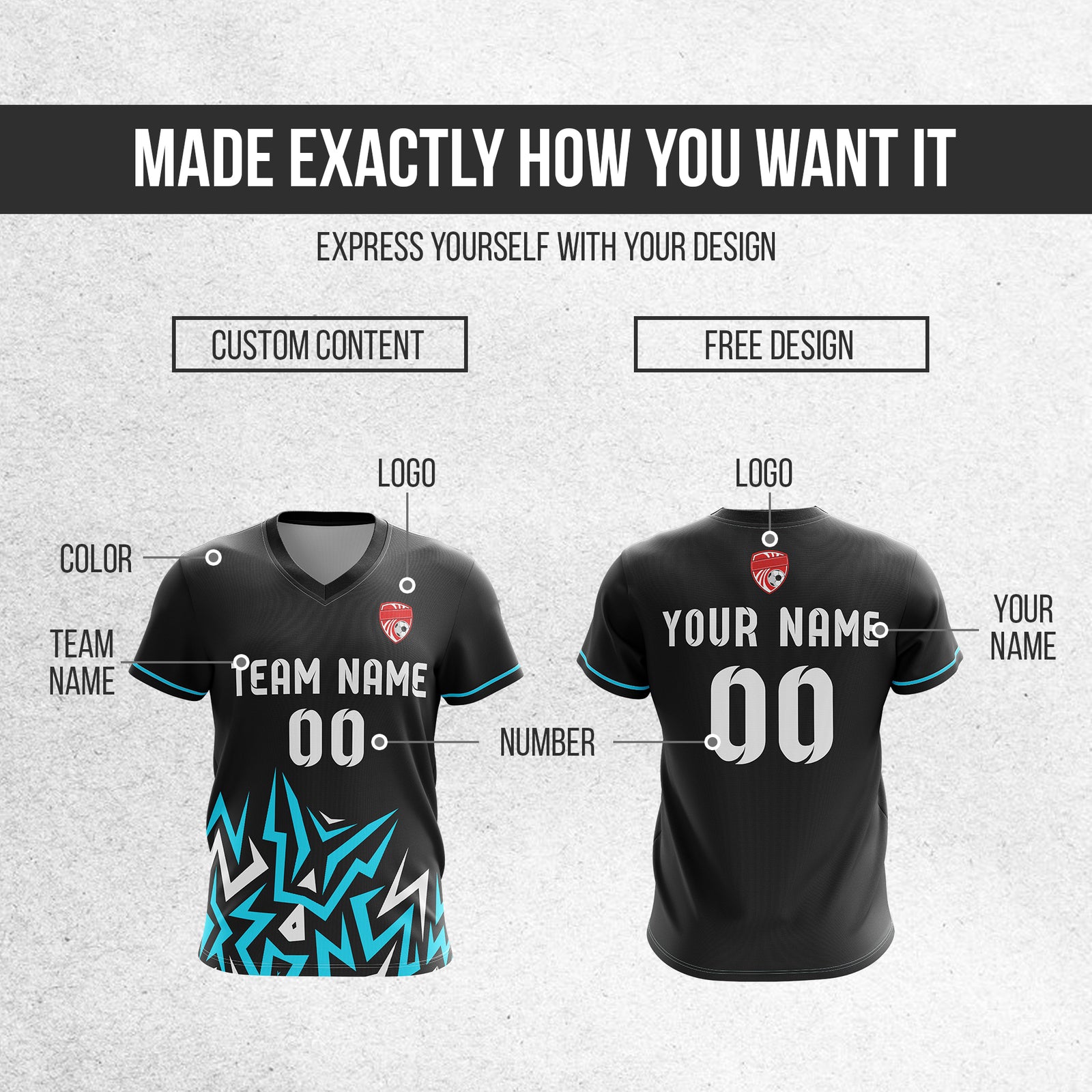 Soccer Jersey - V Neck - Side Pattern- Design 1 - Black