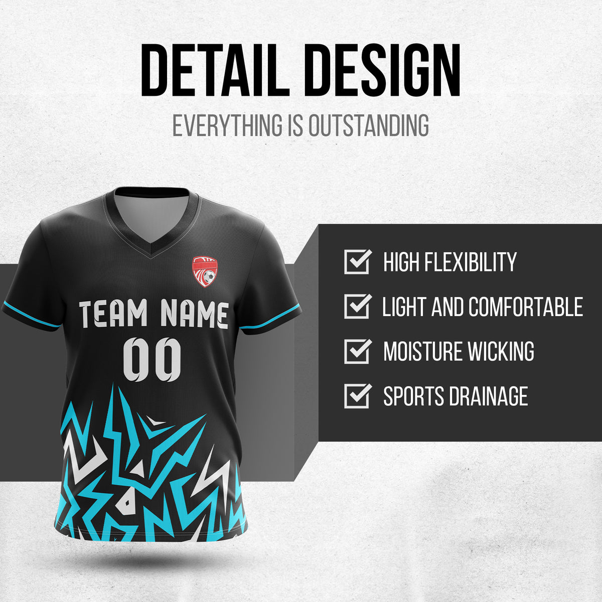 Soccer Jersey - V Neck - Side Pattern- Design 1 - Black