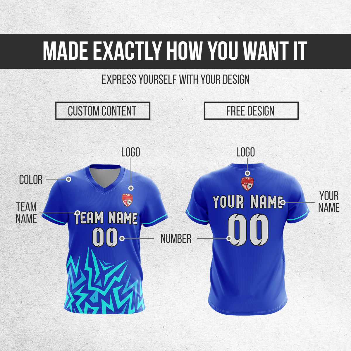 Soccer Jersey - V Neck - Side Pattern- Design 1 - Blue