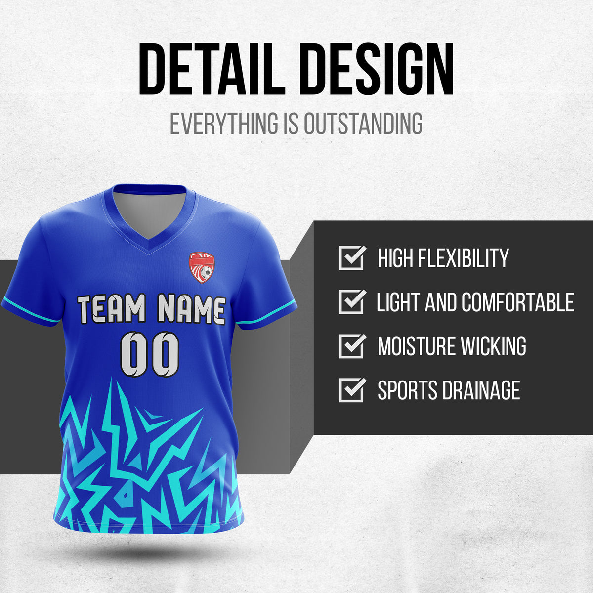 Soccer Jersey - V Neck - Side Pattern- Design 1 - Blue