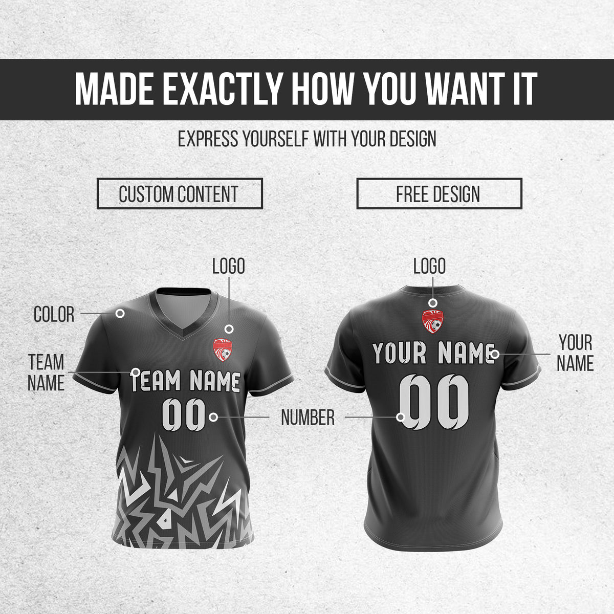 Soccer Jersey - V Neck - Side Pattern- Design 1 - Dark Grey