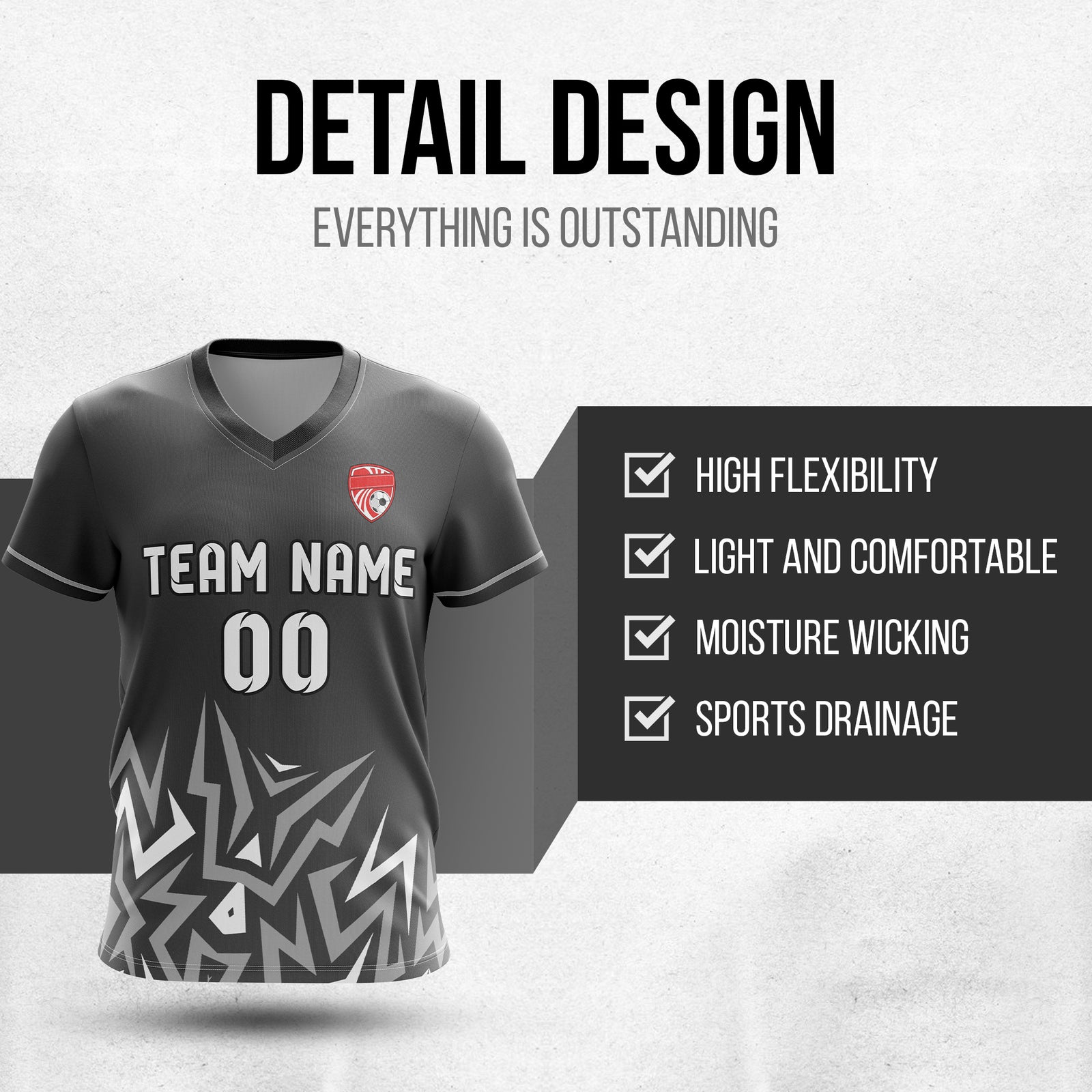 Soccer Jersey - V Neck - Side Pattern- Design 1 - Dark Grey