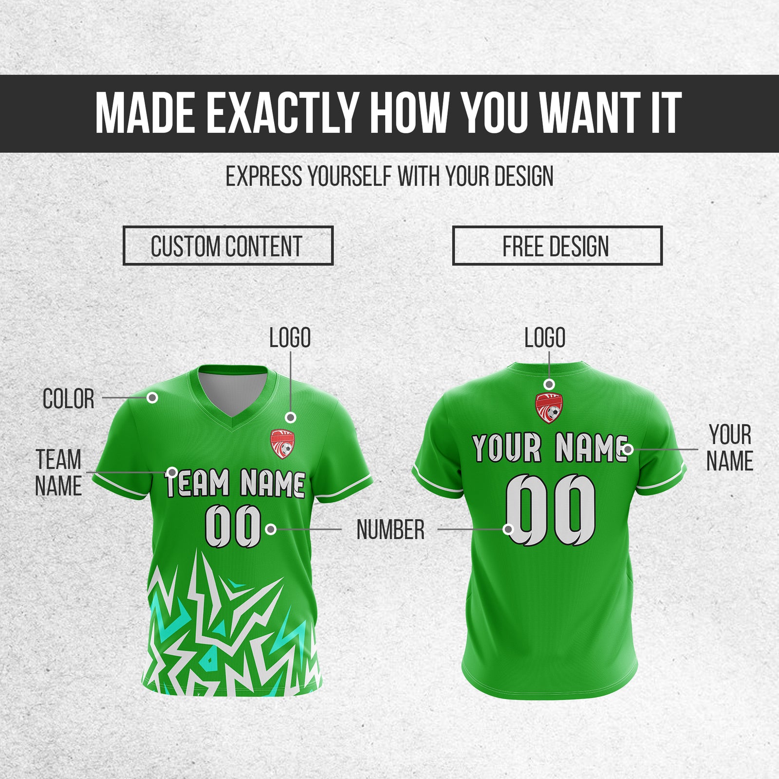 Soccer Jersey - V Neck - Side Pattern- Design 1 - Green