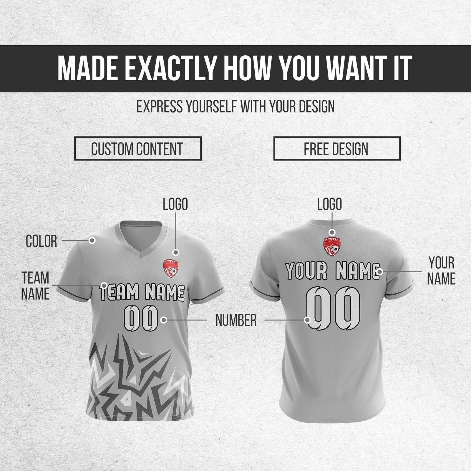 Soccer Jersey - V Neck - Side Pattern- Design 1 - Grey