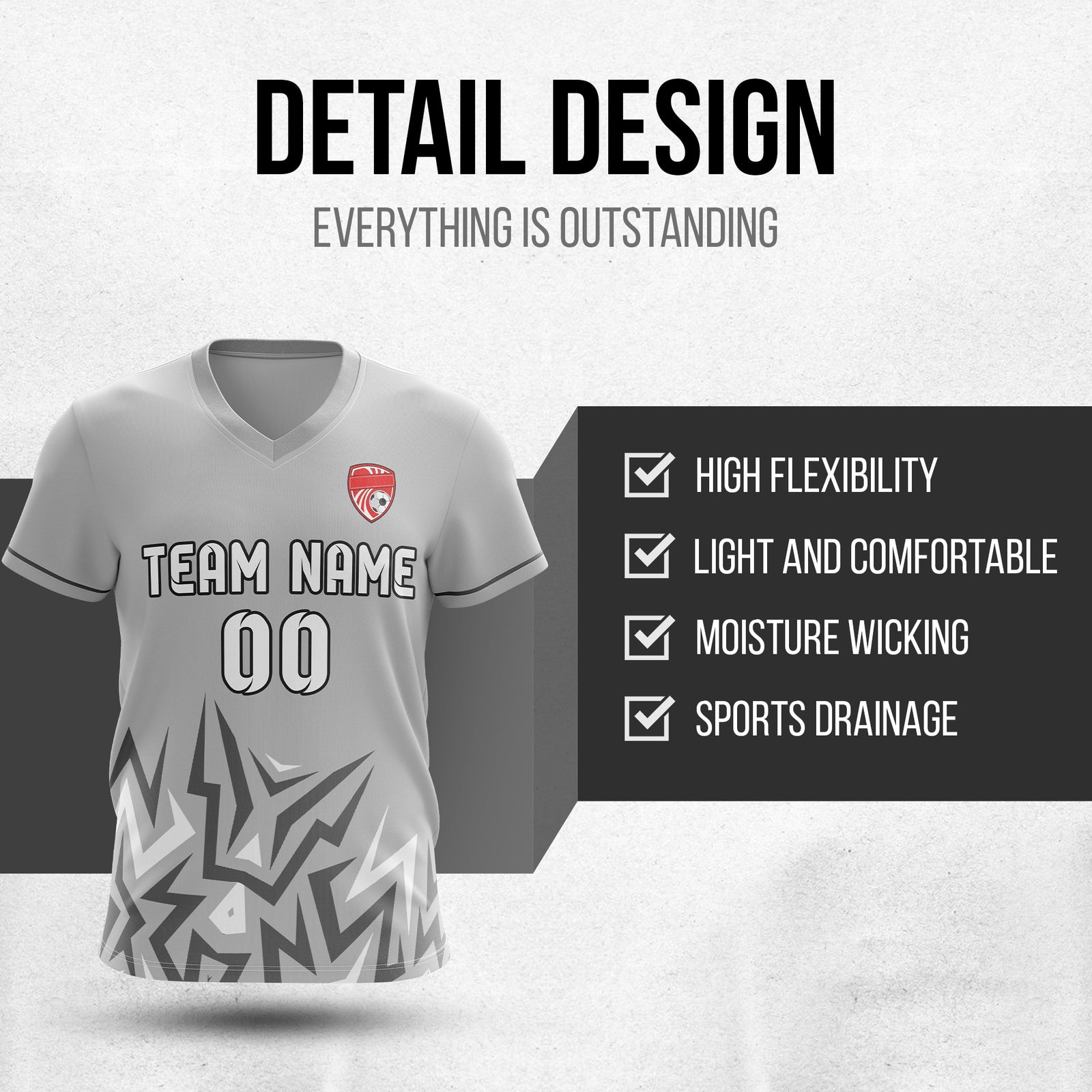 Soccer Jersey - V Neck - Side Pattern- Design 1 - Grey