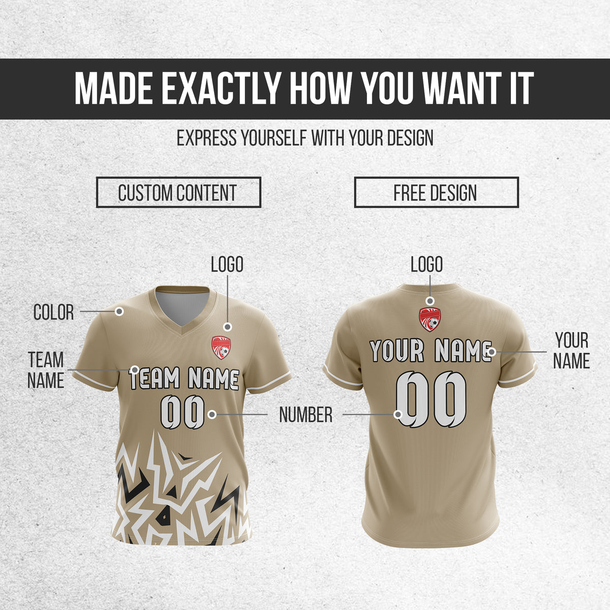 Soccer Jersey - V Neck - Side Pattern- Design 1 - Khakhii