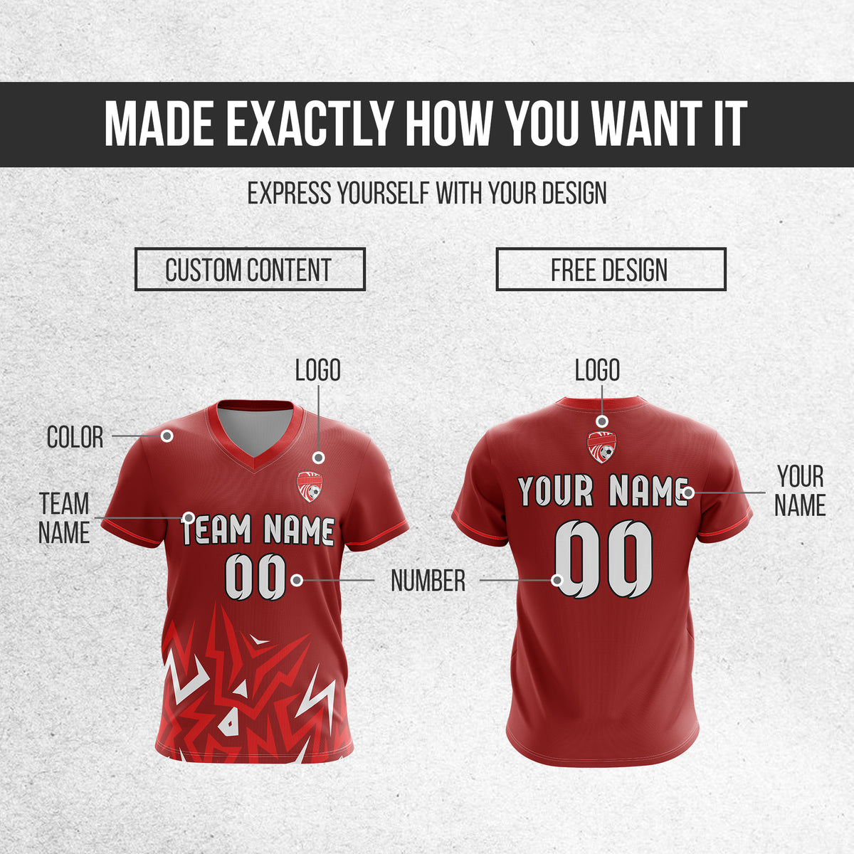 Soccer Jersey - V Neck - Side Pattern- Design 1 - Red