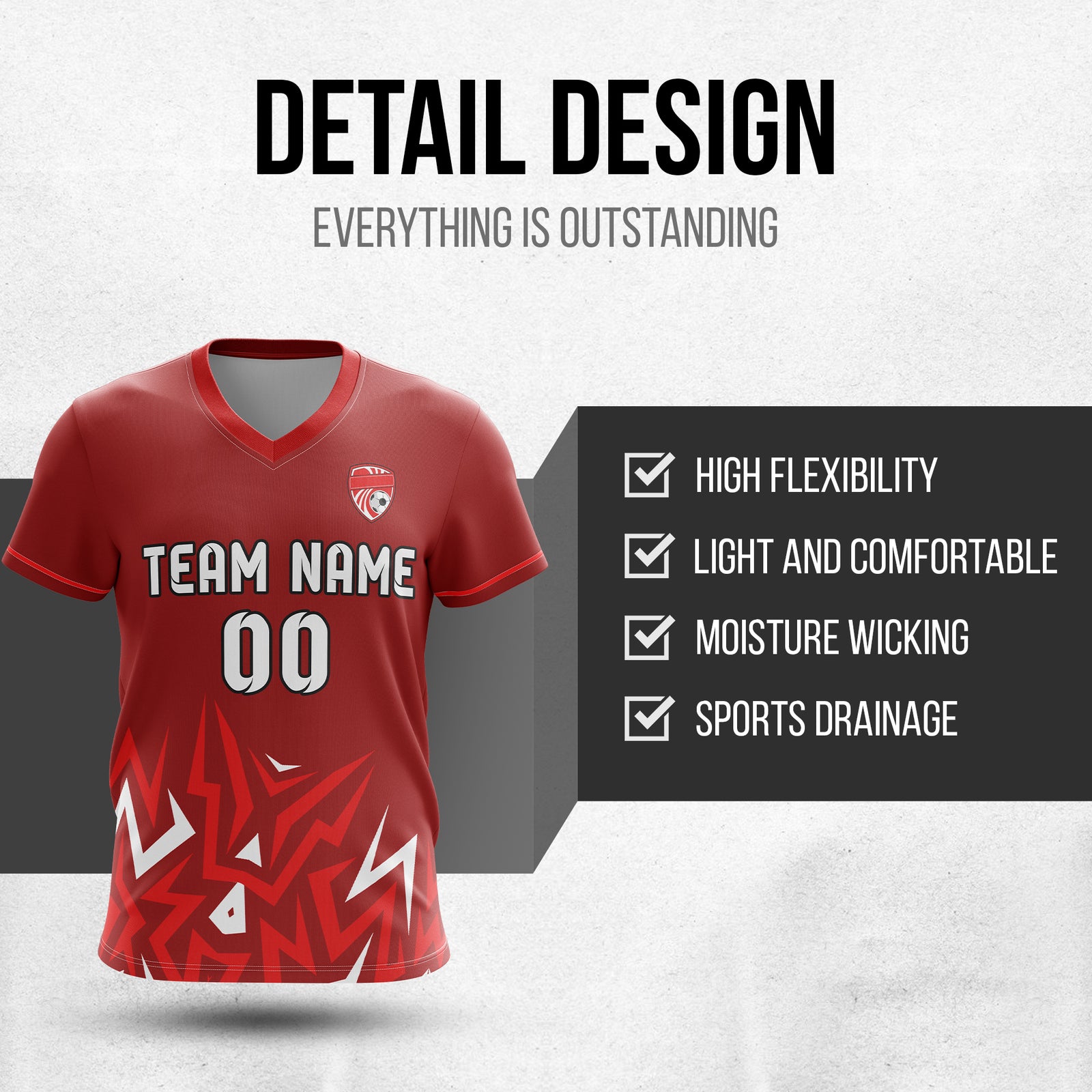 Soccer Jersey - V Neck - Side Pattern- Design 1 - Red