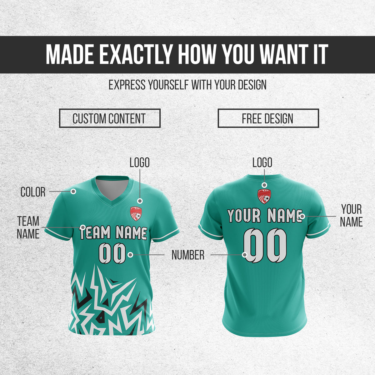 Soccer Jersey - V Neck - Side Pattern- Design 1 - Teal