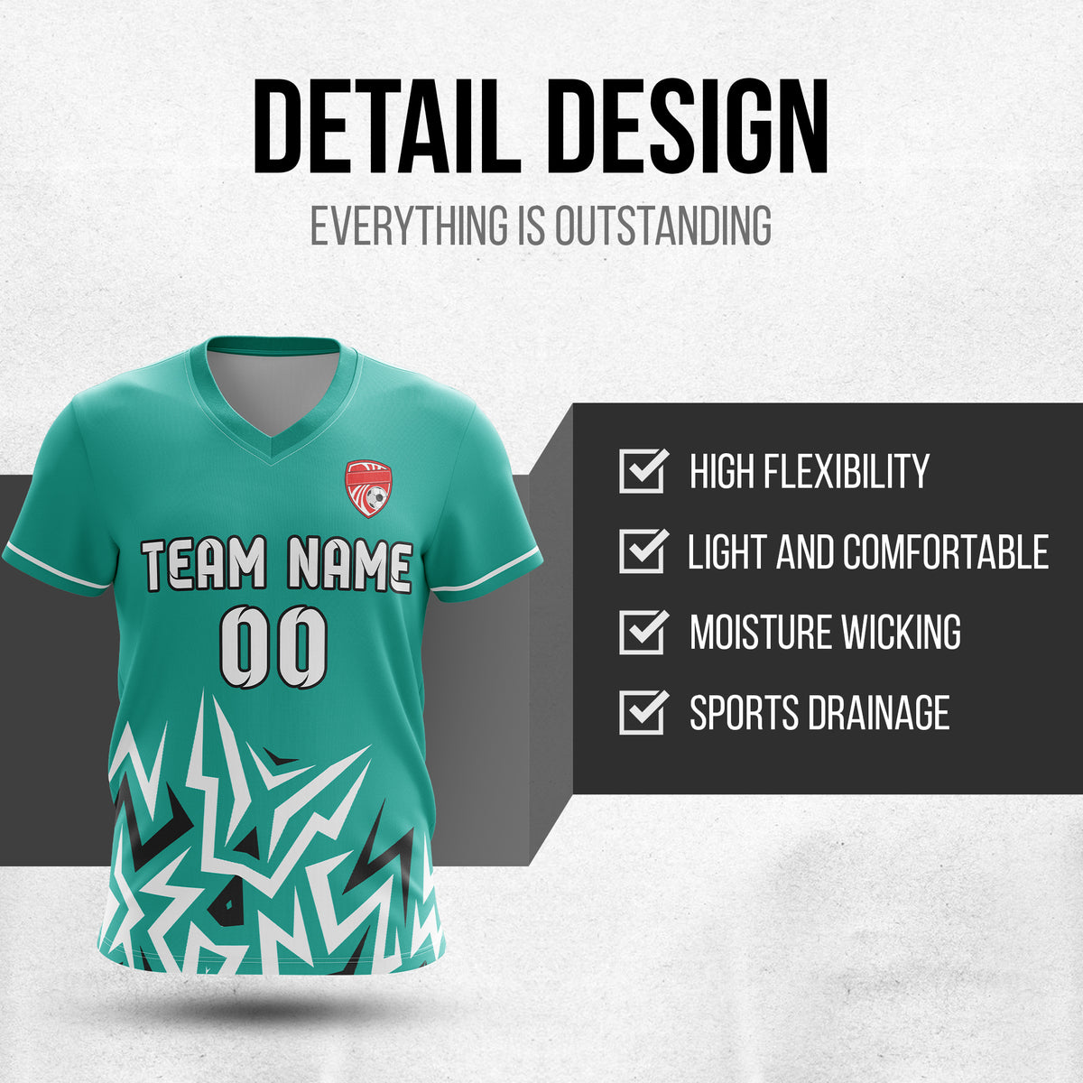 Soccer Jersey - V Neck - Side Pattern- Design 1 - Teal