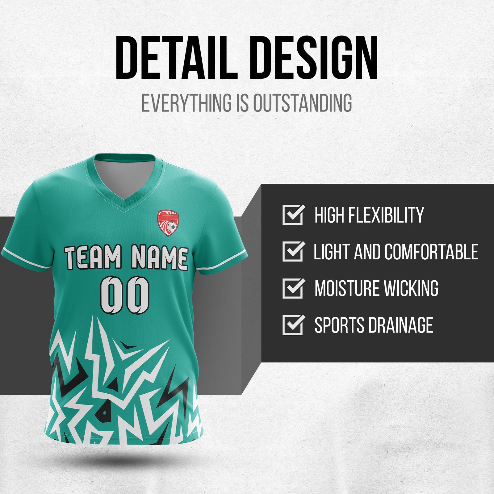 Soccer Jersey - V Neck - Side Pattern- Design 1 - Teal