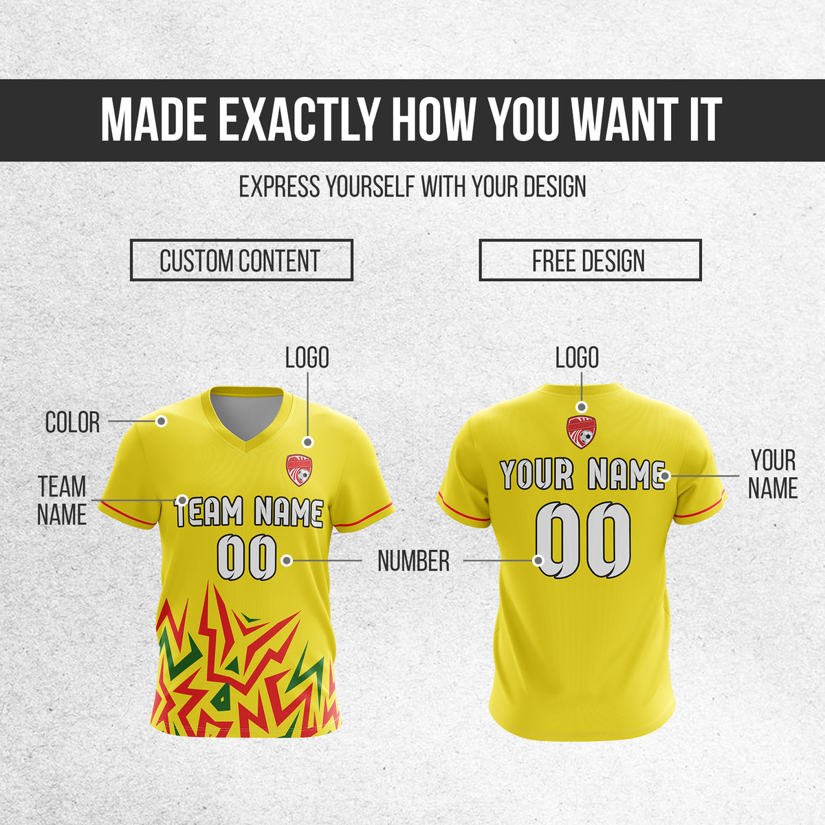 Soccer Jersey - V Neck - Side Pattern- Design 1 - Yellow