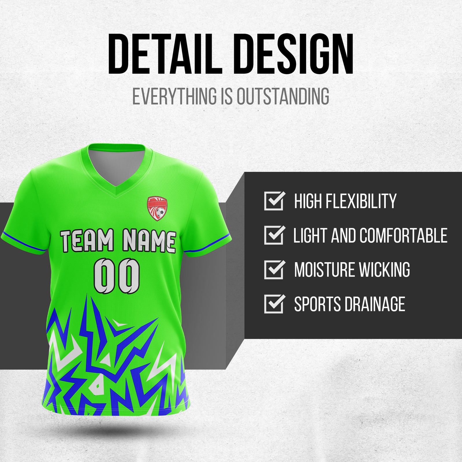 Soccer Jersey - V Neck - Side Pattern- Design 1 - neon Green