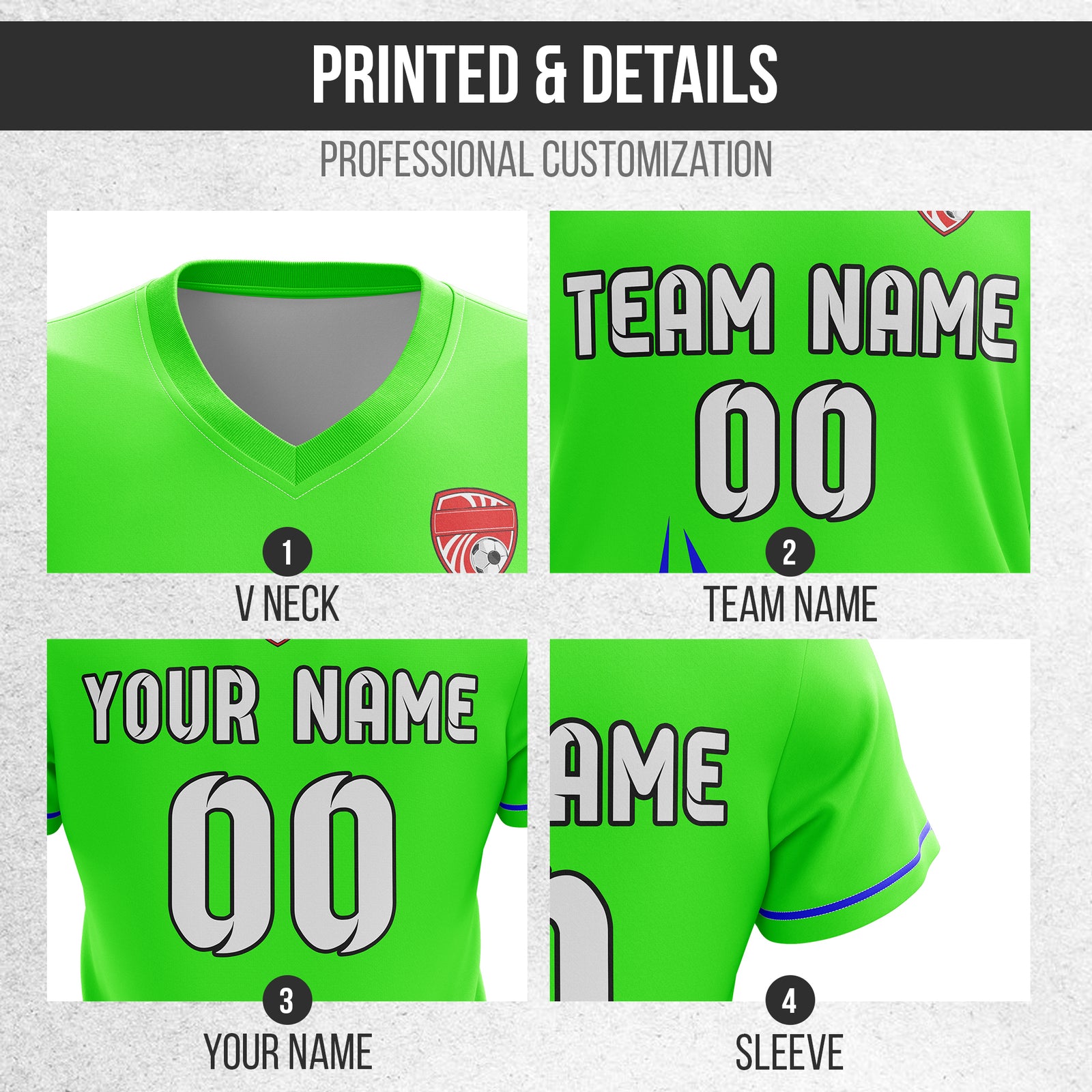 Soccer Jersey - V Neck - Side Pattern- Design 1 - neon Green