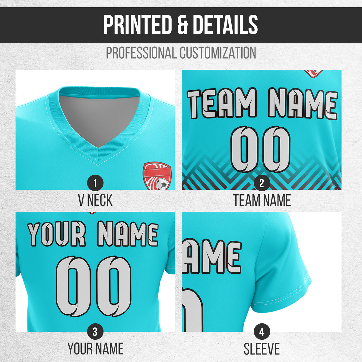 Soccer Jersey - V Neck - Side Pattern- Design 2 - Aqua