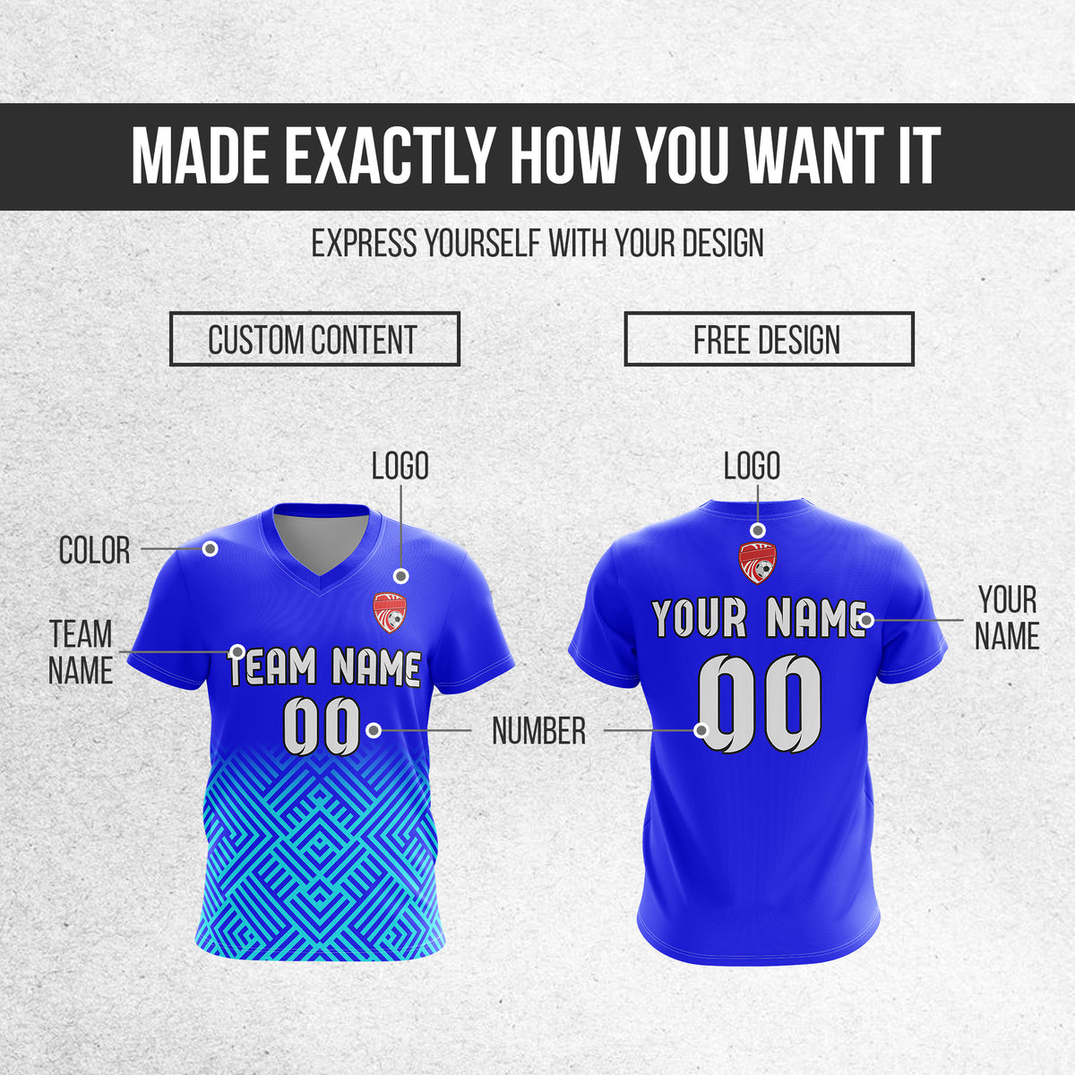 Soccer Jersey - V Neck - Side Pattern- Design 2 -Blue