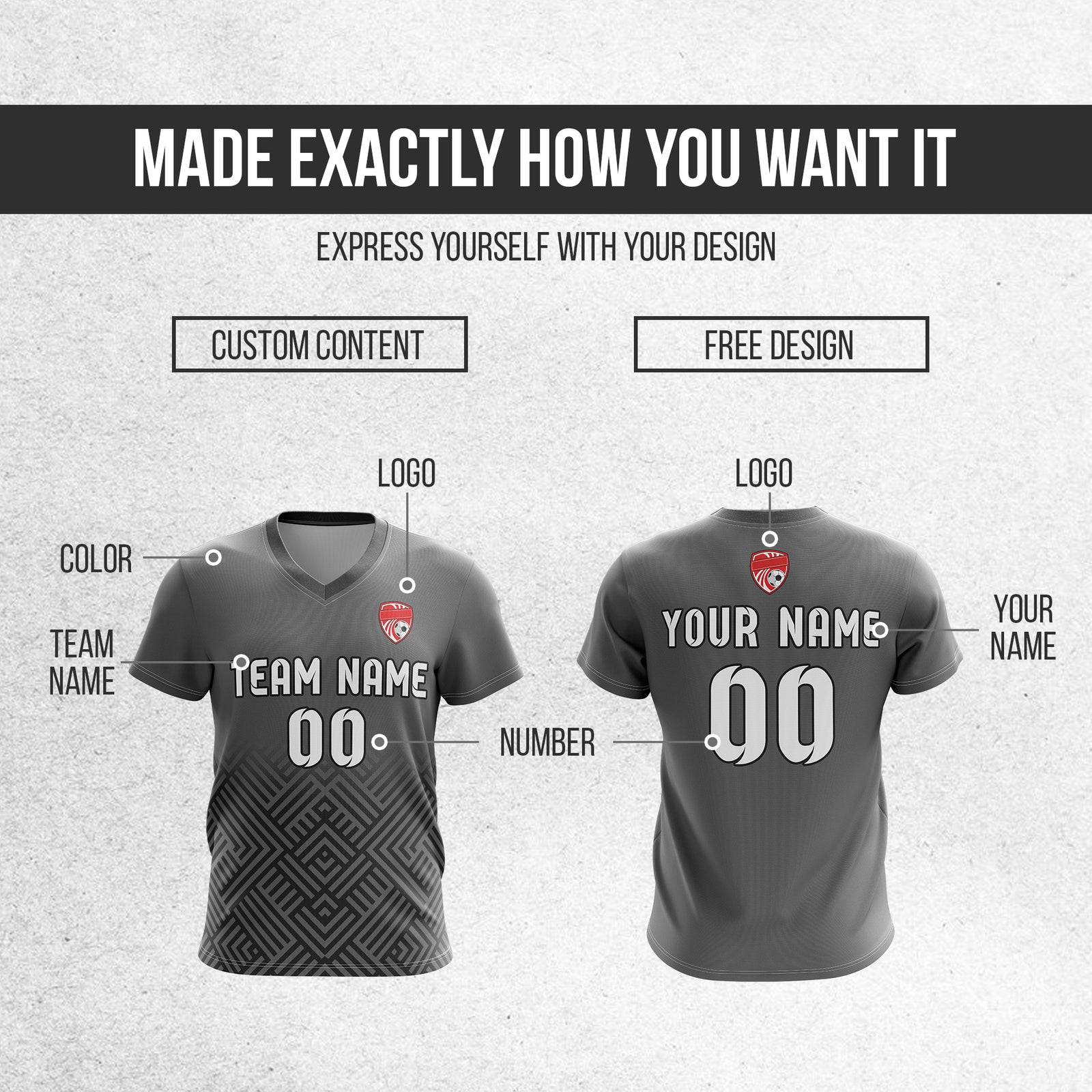 Soccer Jersey - V Neck - Side Pattern- Design 2 - Dark Grey