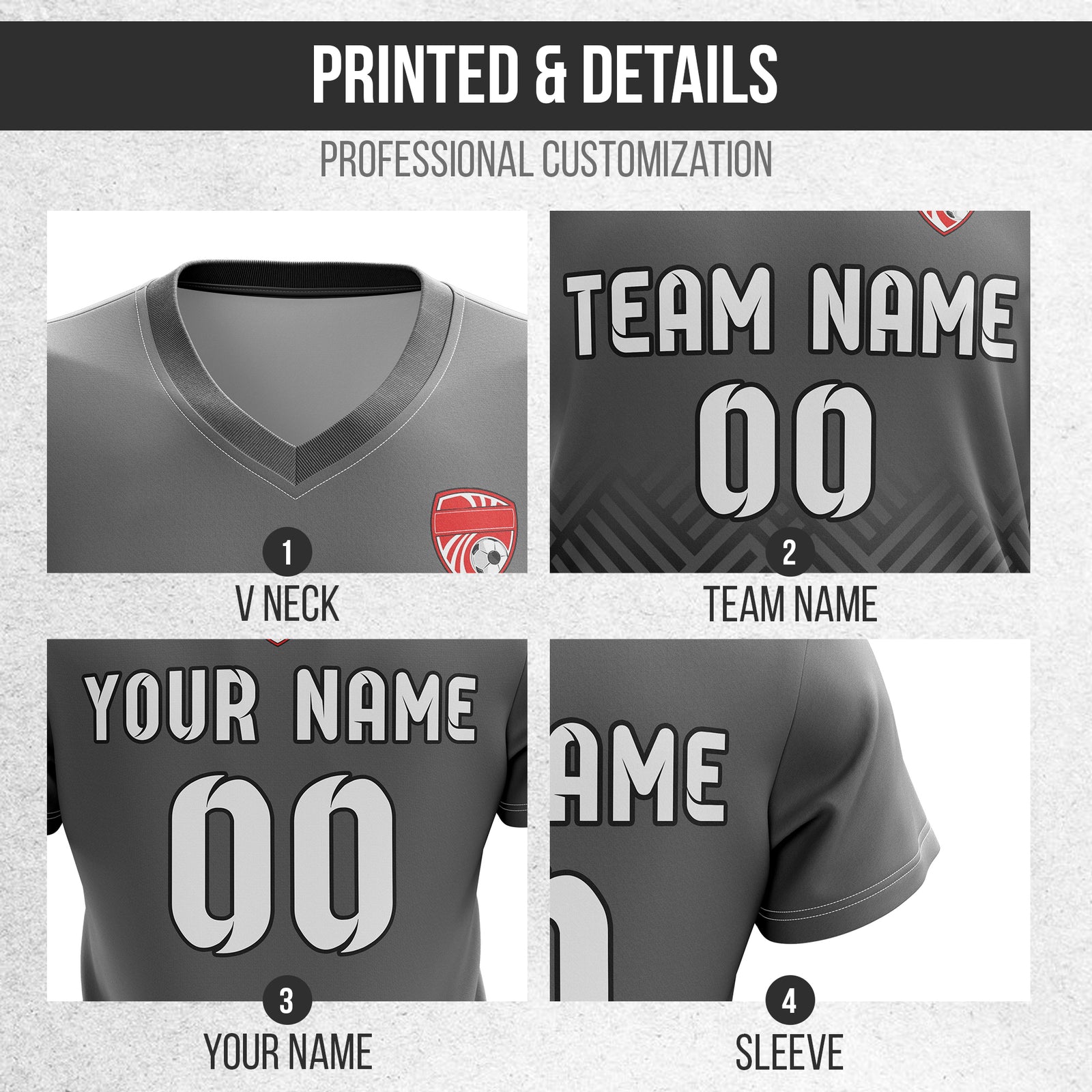 Soccer Jersey - V Neck - Side Pattern- Design 2 - Dark Grey
