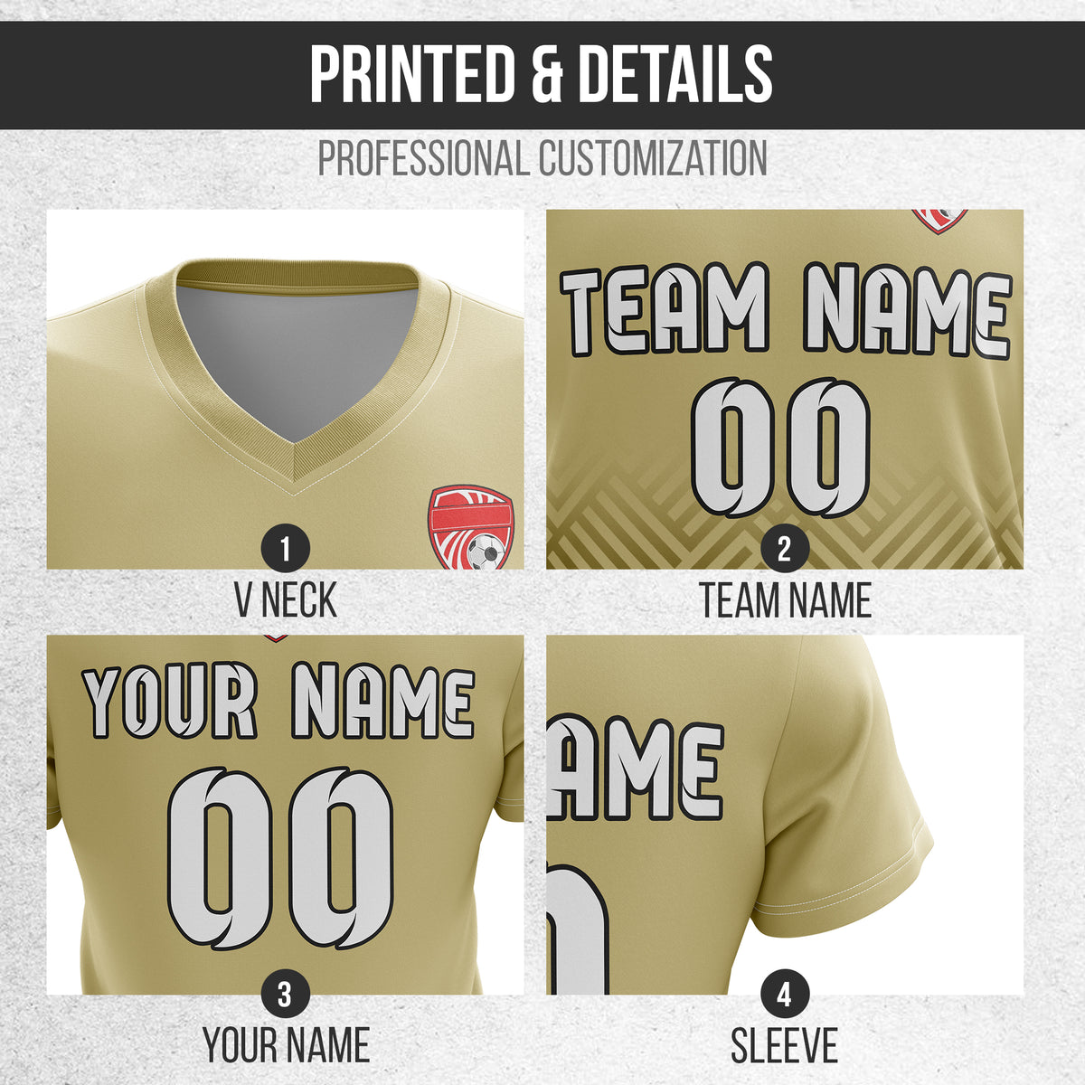 Soccer Jersey - V Neck - Side Pattern- Design 2 - Khakhii