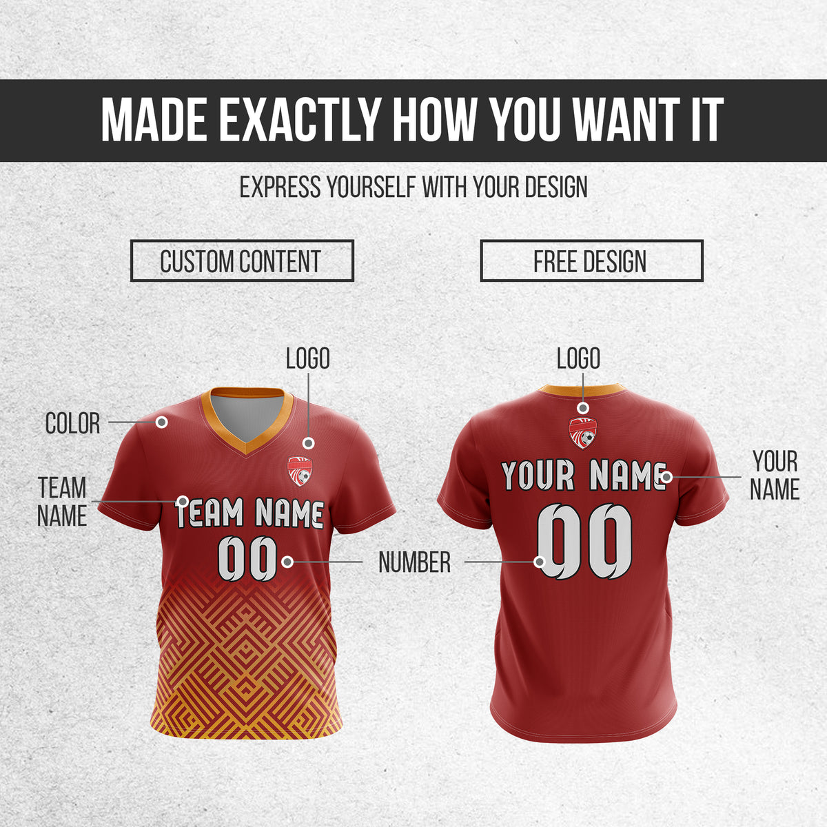 Soccer Jersey - V Neck - Side Pattern- Design 2 - Red