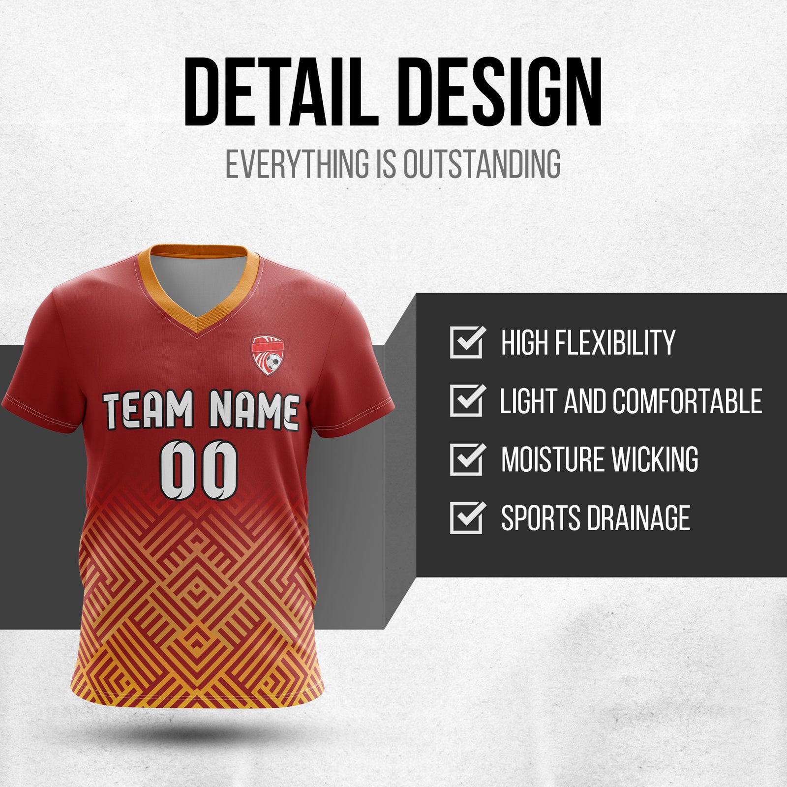 Soccer Jersey - V Neck - Side Pattern- Design 2 - Red