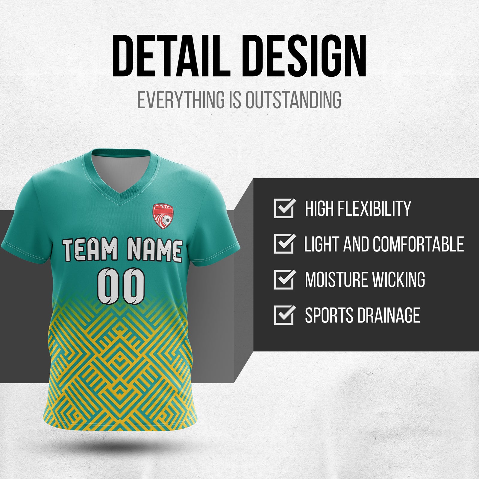 Soccer Jersey - V Neck - Side Pattern- Design 2 - Teal