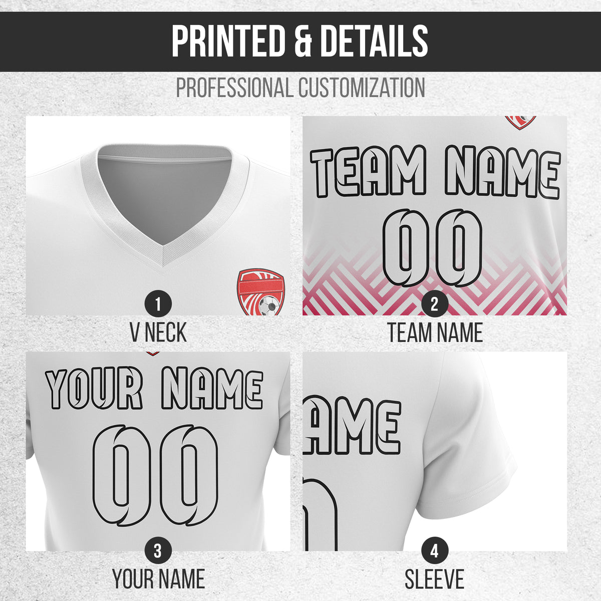 Soccer Jersey - V Neck - Side Pattern- Design 2 - White