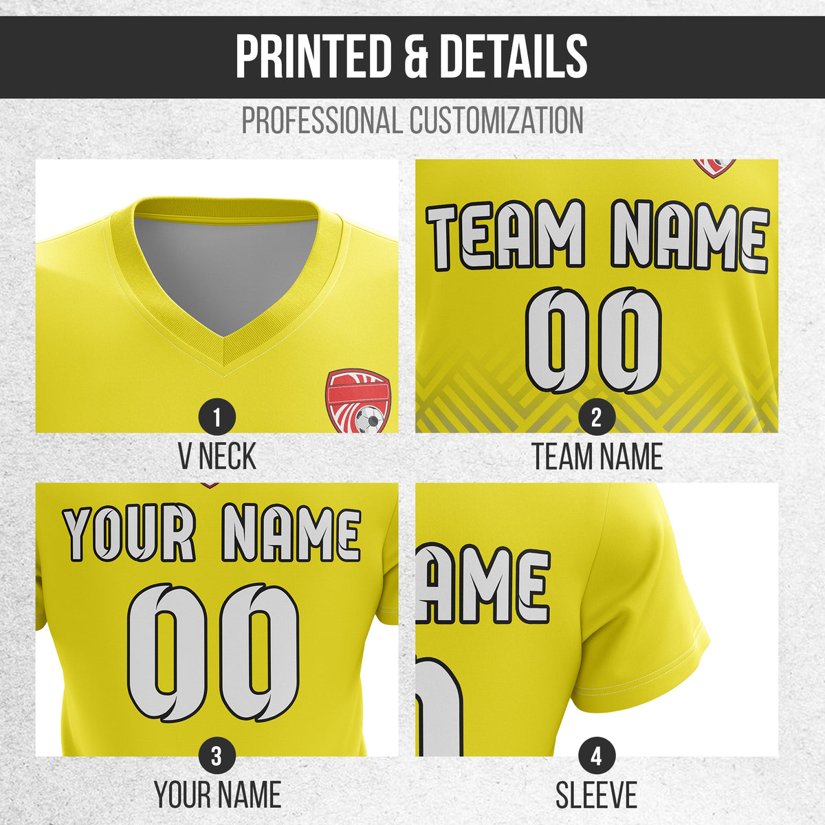 Soccer Jersey - V Neck - Side Pattern- Design 2 - Yellow