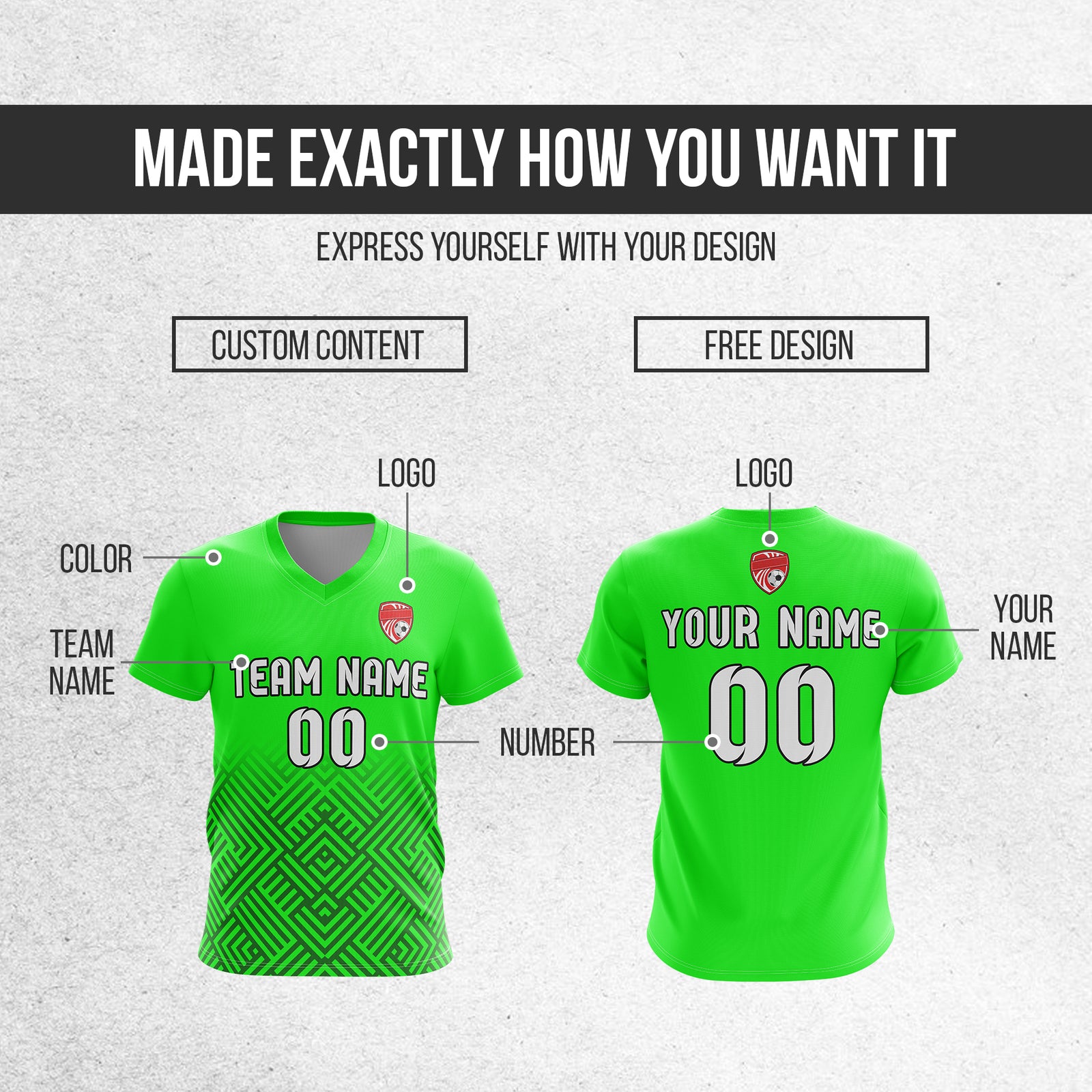 Soccer Jersey - V Neck - Side Pattern- Design 2 - neon Green