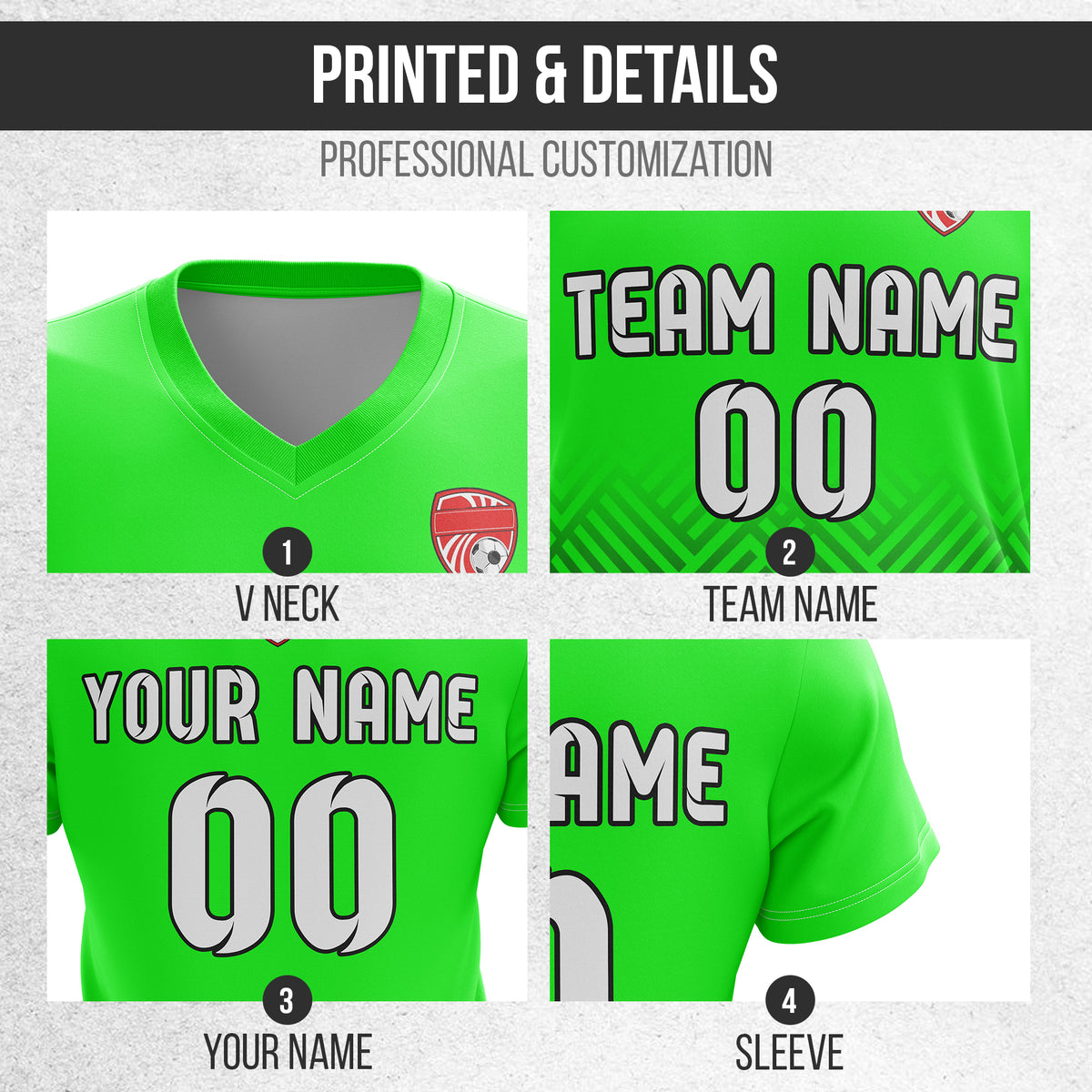 Soccer Jersey - V Neck - Side Pattern- Design 2 - neon Green