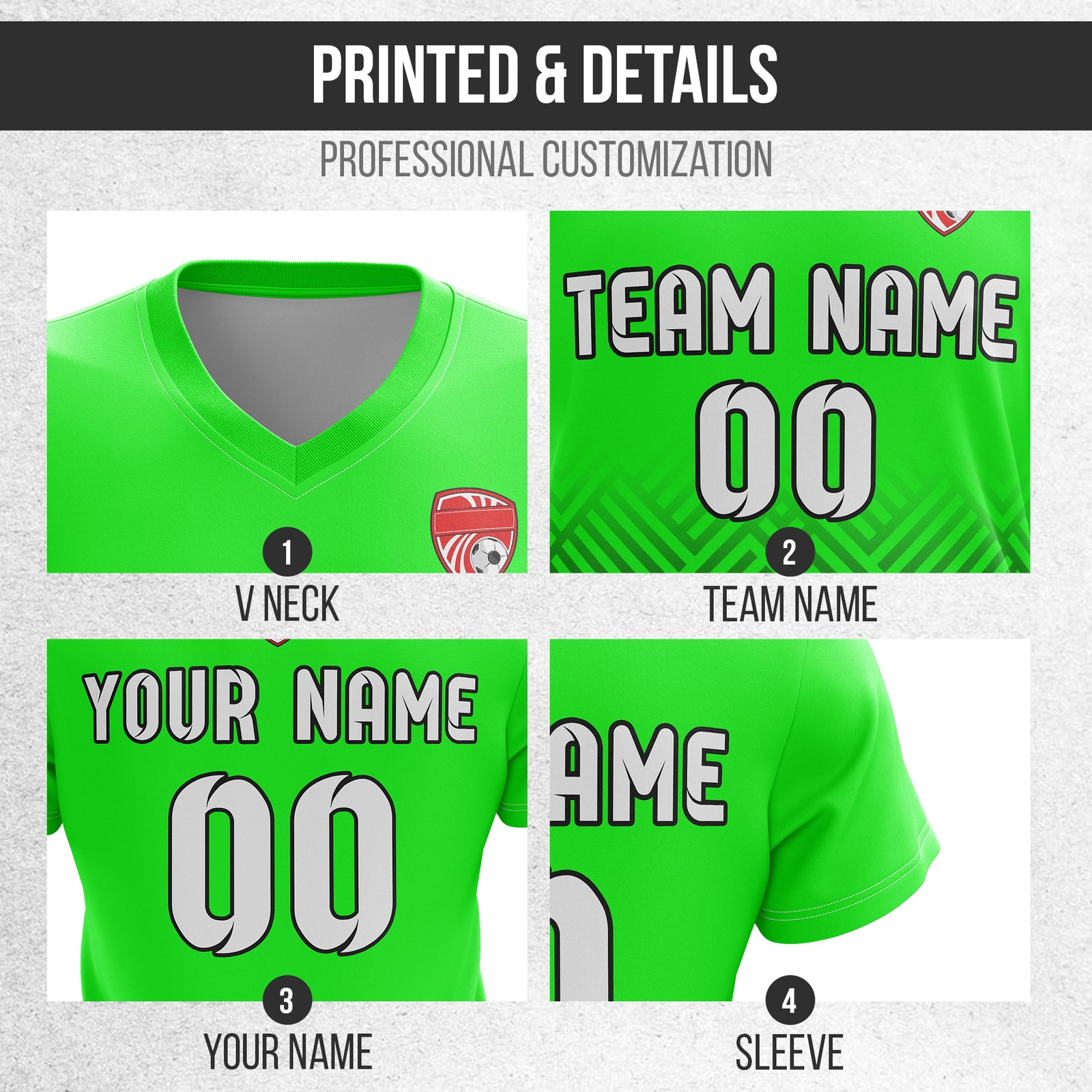 Soccer Jersey - V Neck - Side Pattern- Design 2 - neon Green