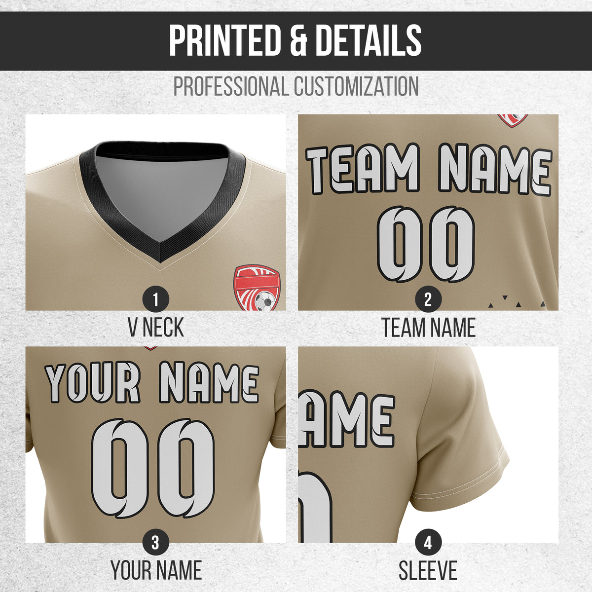 Soccer Jersey - V Neck - Side Pattern- Design 3 - Khakhii