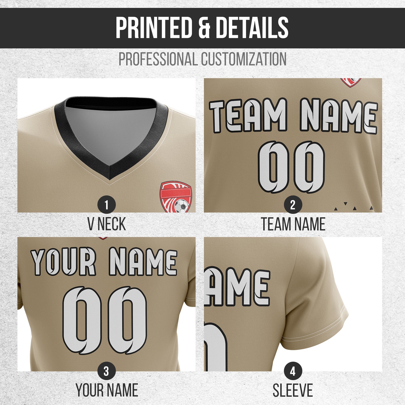 Soccer Jersey - V Neck - Side Pattern- Design 3 - Khakhii