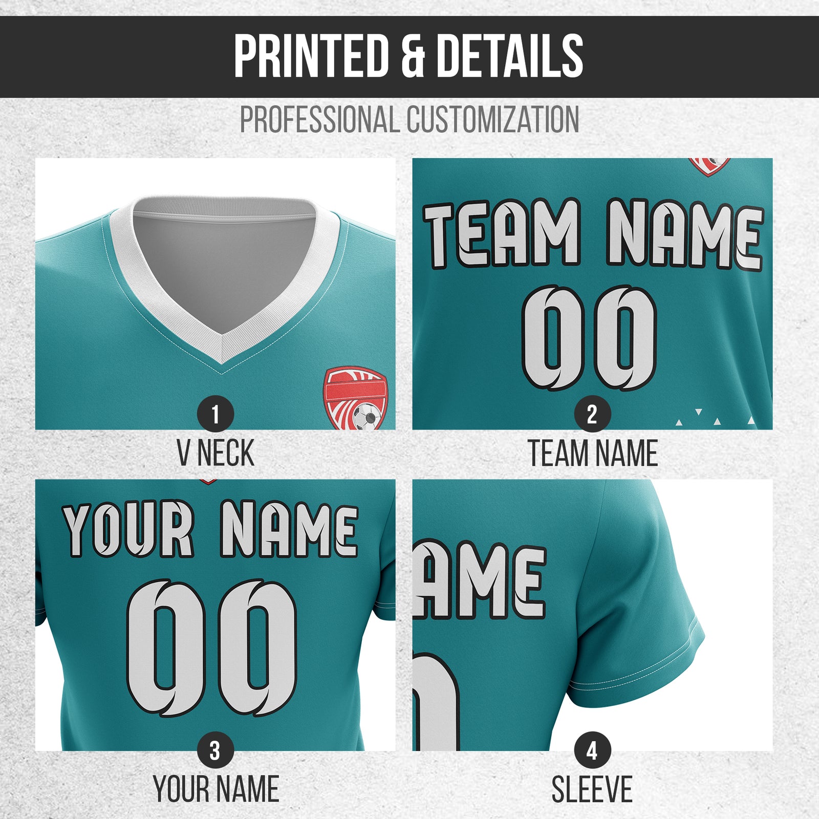 Soccer Jersey - V Neck - Side Pattern- Design 3 - Teal