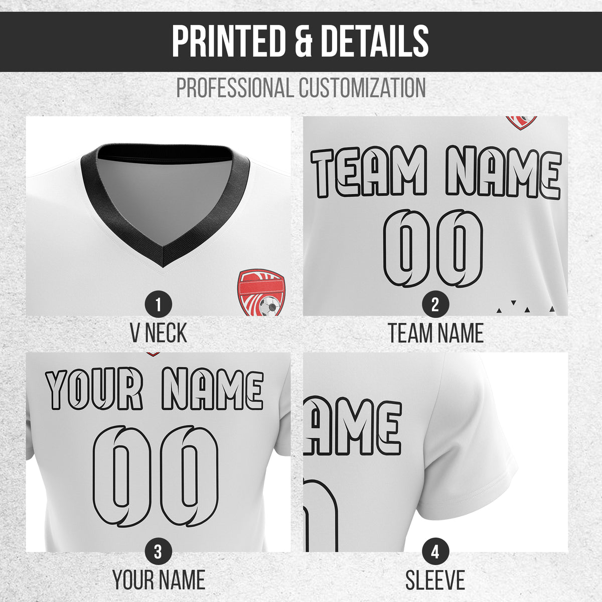 Soccer Jersey - V Neck - Side Pattern- Design 3 - White