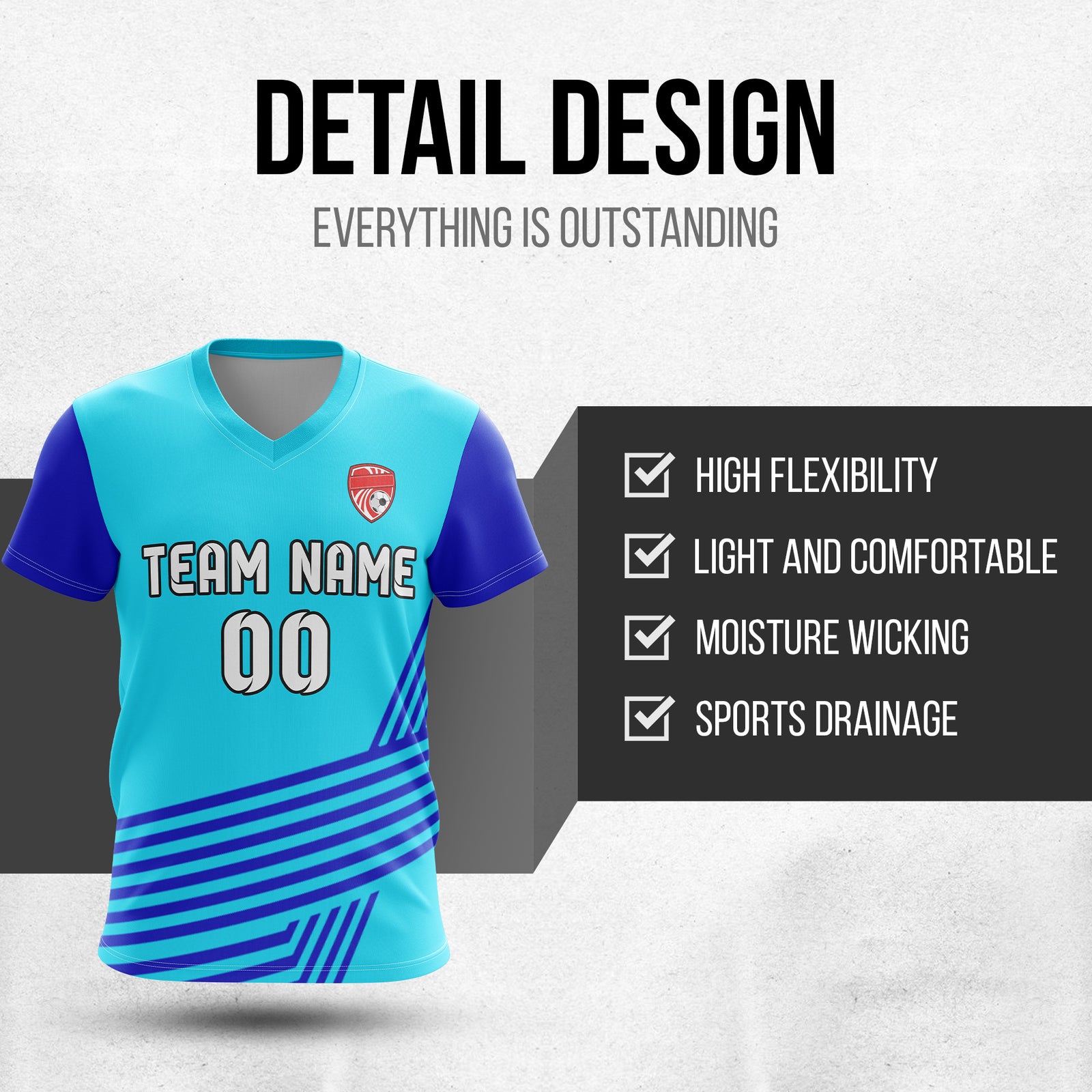 Soccer Jersey - V Neck - Side Pattern- Design 4 - Aqua