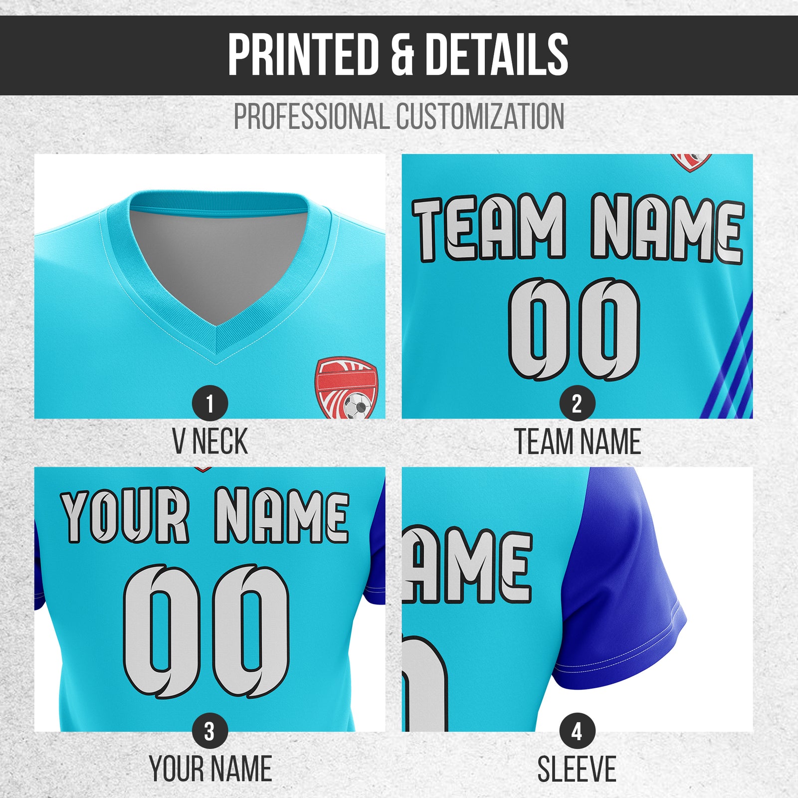 Soccer Jersey - V Neck - Side Pattern- Design 4 - Aqua