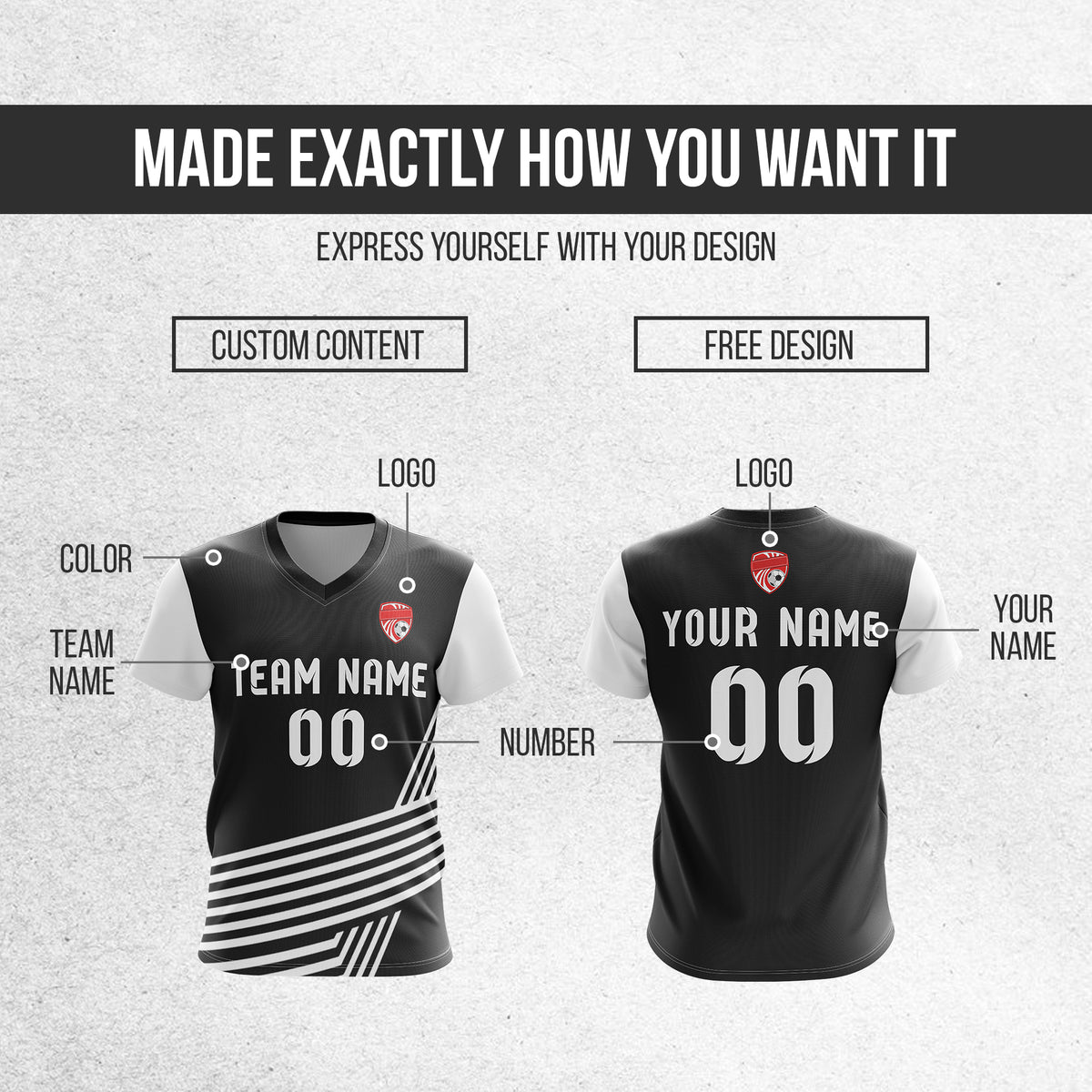 Soccer Jersey - V Neck - Side Pattern- Design 4 - Black